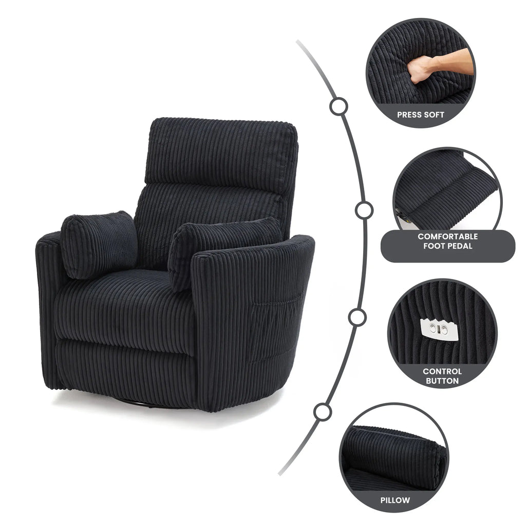 Electric Swivel Recliner Chair with USB Ports, Chenille Fabric, 300Lbs Capacity, Soft Pillows, for Living Room Home