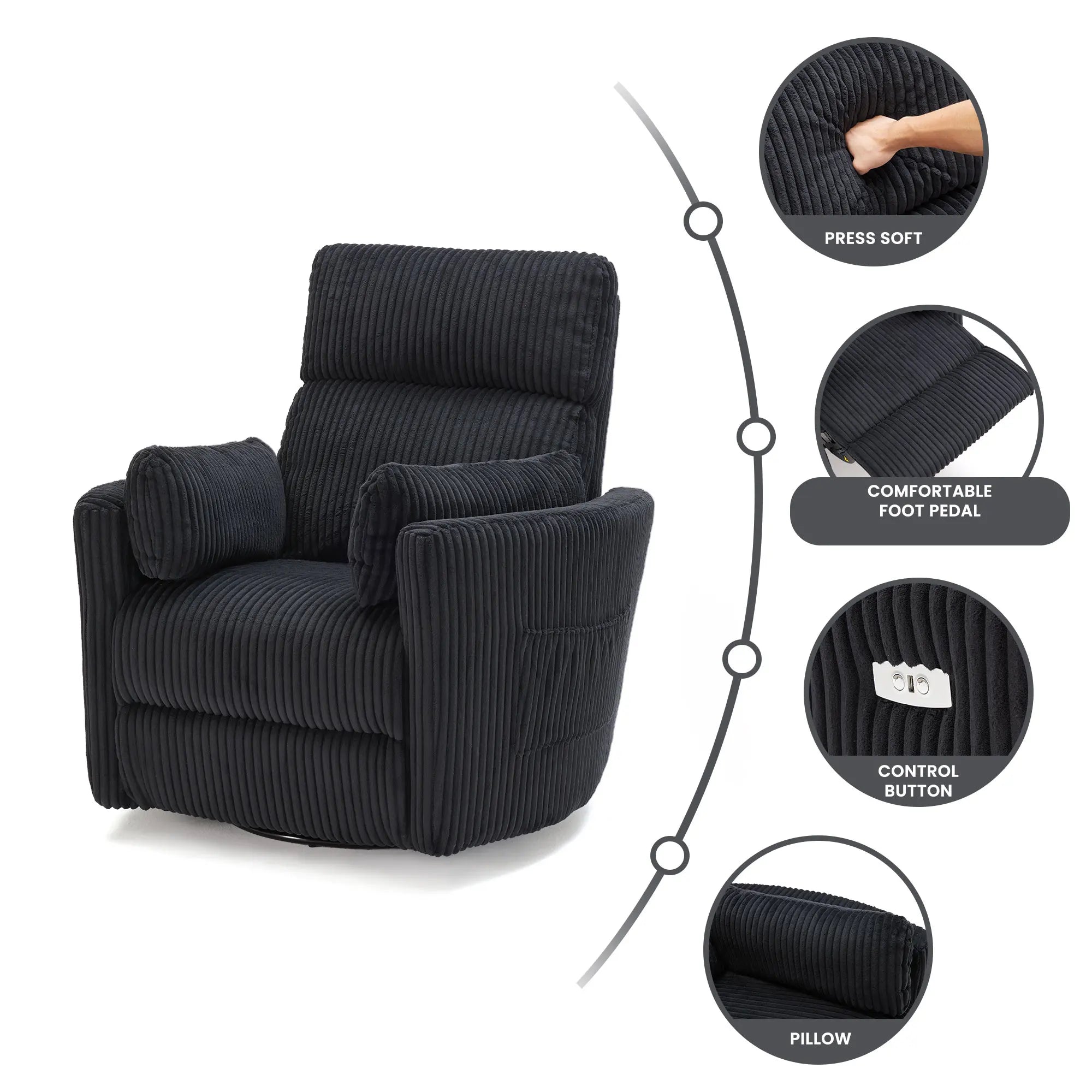Electric Swivel Recliner Chair with USB Ports, Chenille Fabric, 300Lbs Capacity, Soft Pillows, for Living Room Home