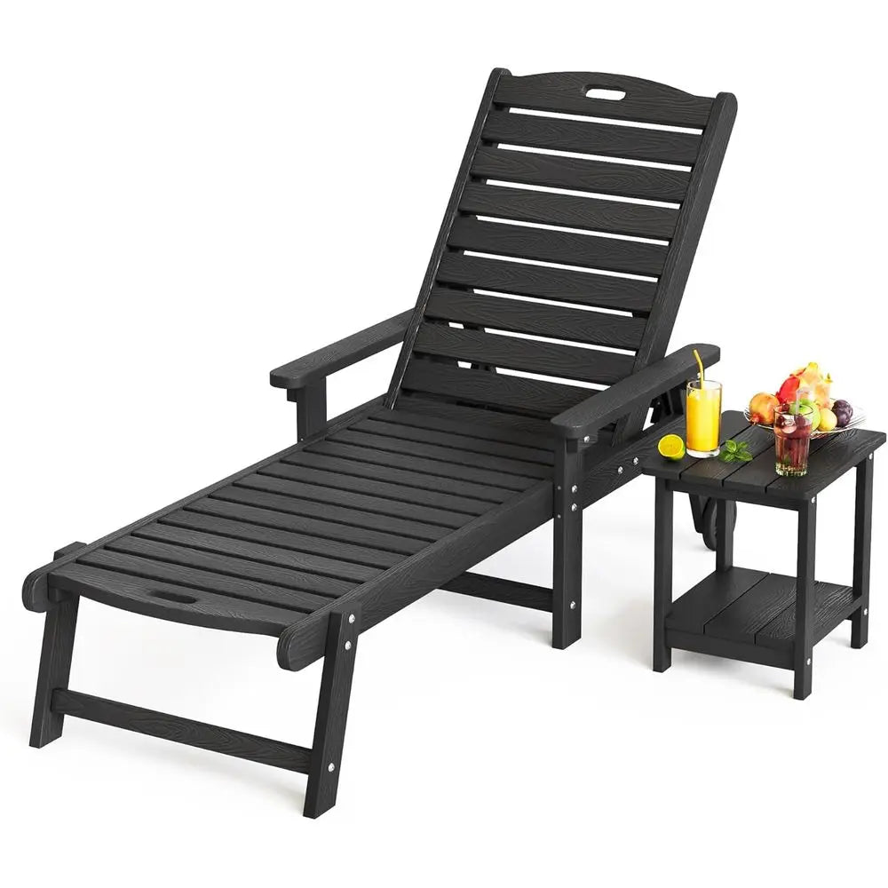 2-Piece Outdoor Pool Lounge Chairs with Adjustable Backrest, Wheels & Side Table – Black