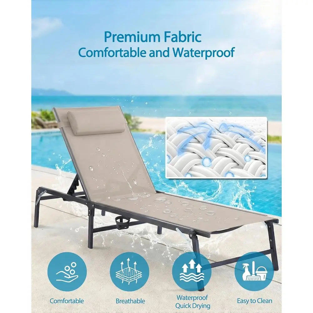 2-Pack Collapsible Outdoor Chaise Lounge Chairs with Cup Holder, Adjustable Backrest & Detachable Pillow – Khaki