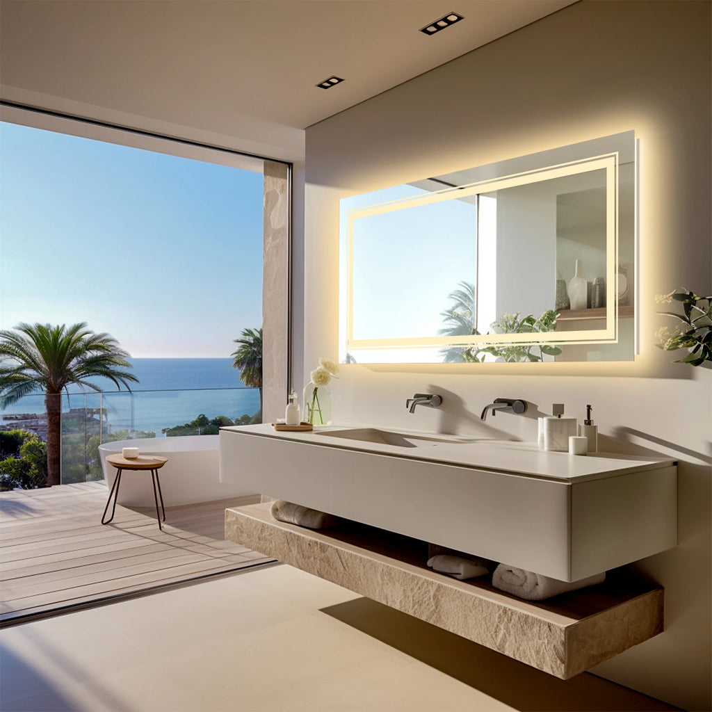 55X28 Inch Dimmable Large Rectangular LED Lighted Bathroom Mirror Wall Mounted Vanity Backlit Mirror with Touch 3 Colors Switch