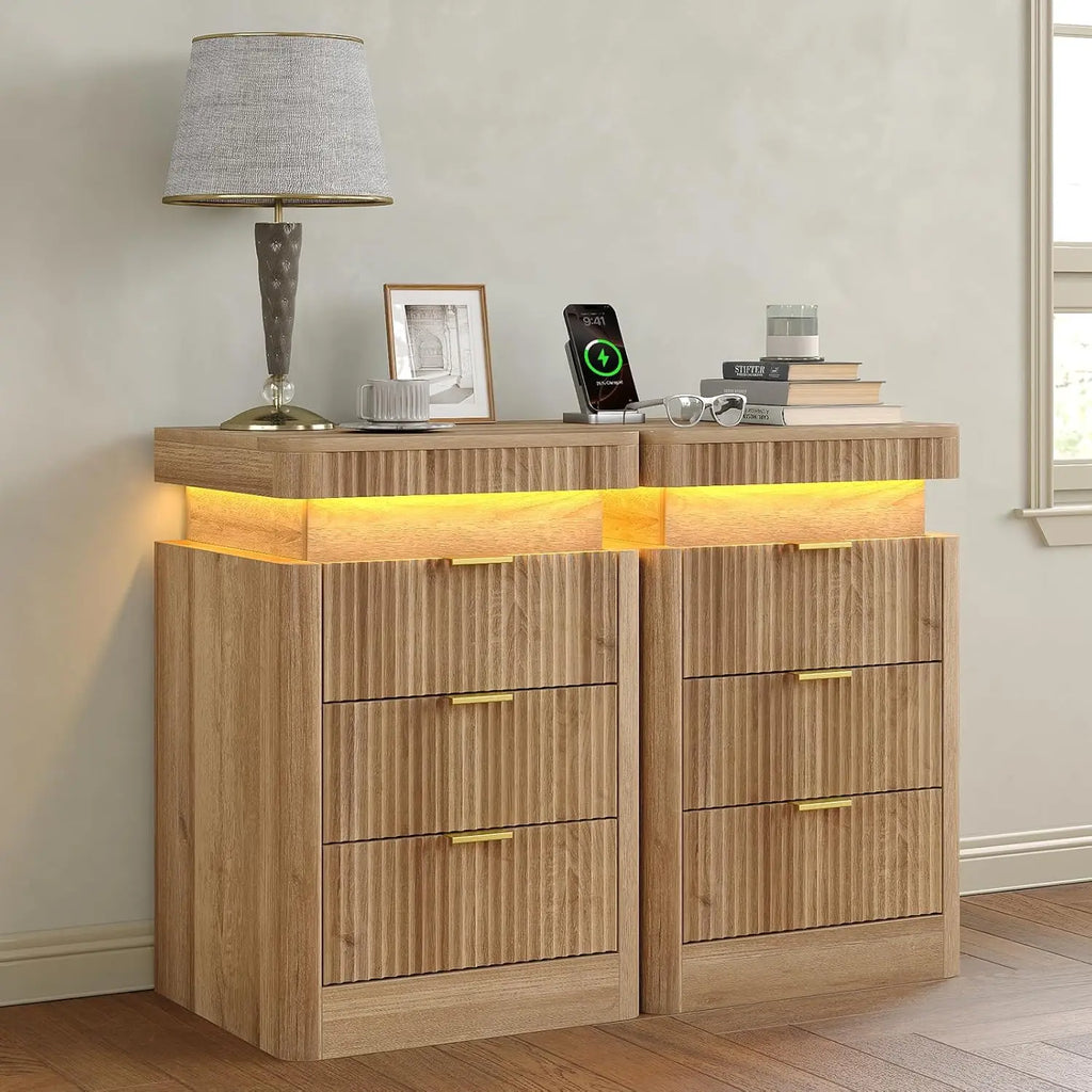 Fluted Night Stand with Charging Station Set of 2, 3-Drawer LED Bedside Tables for Bedroom, Modern Sofa Side Tables, Customized