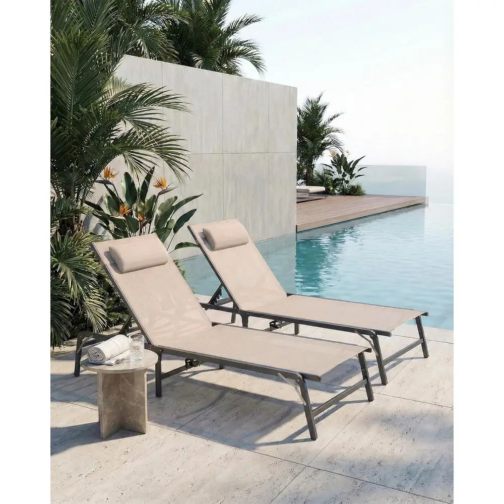 2-Pack Collapsible Outdoor Chaise Lounge Chairs with Cup Holder, Adjustable Backrest & Detachable Pillow – Khaki