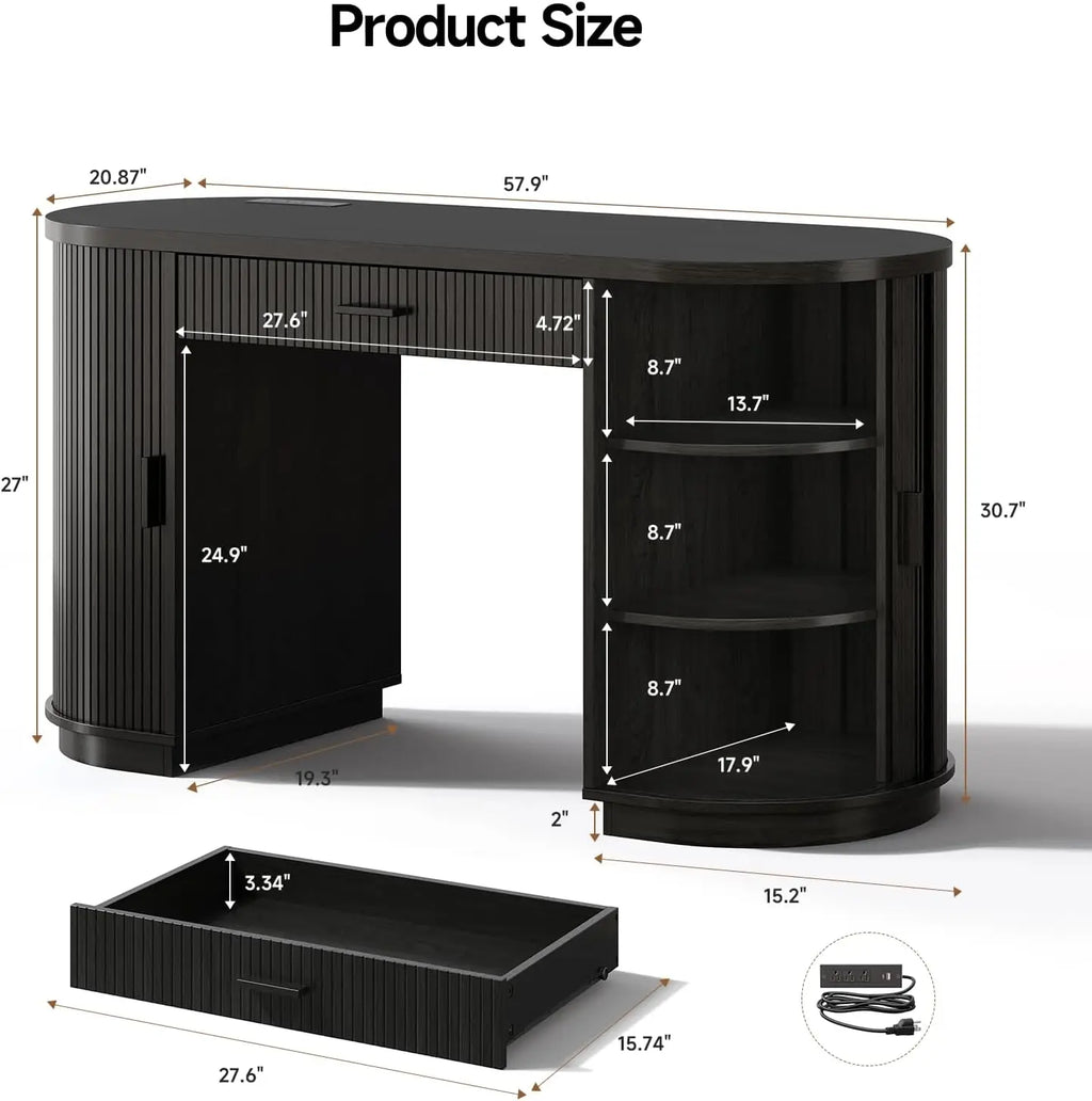 58 Inch Fluted Executive Computer Desk with Drawers & Charging Station - Mid Century Modern Storage Desk for Home Office, Living Room, Bedroom - Free Shipping - Black