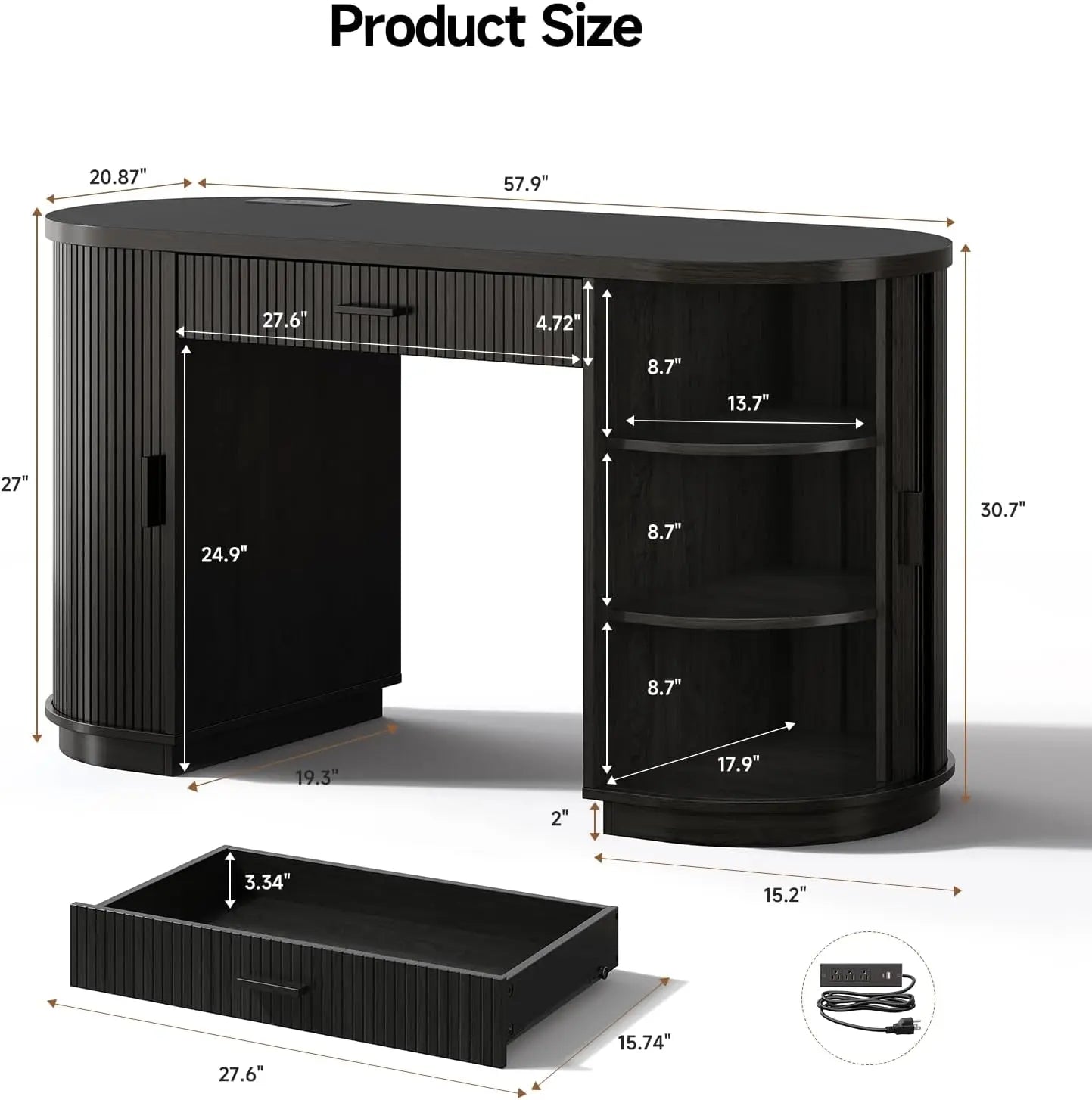 58 Inch Fluted Executive Computer Desk with Drawers & Charging Station - Mid Century Modern Storage Desk for Home Office, Living Room, Bedroom - Free Shipping - Black