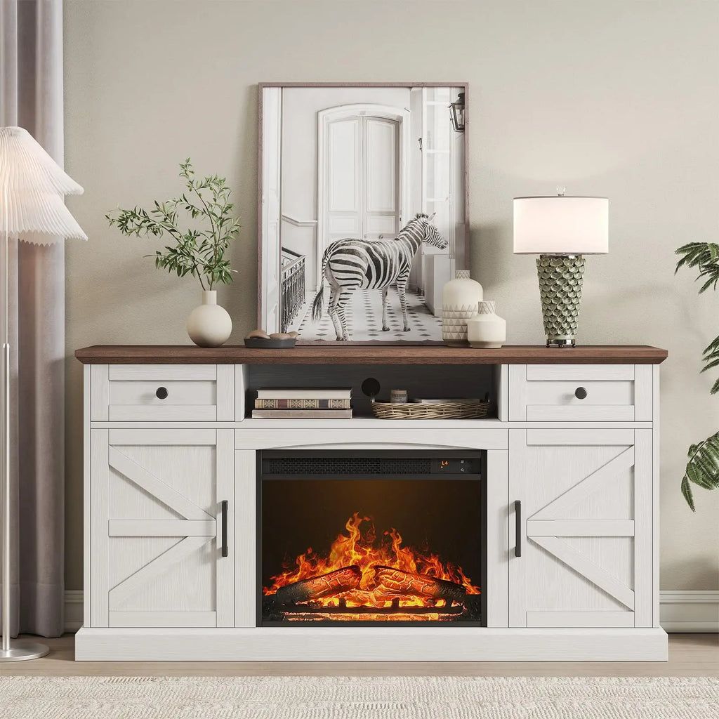 Farmhouse TV Stand with 23-Inch Electric Fireplace, Entertainment Center for Tvs up to 70 Inches, Media Console Table with Drawers and Storage, Antique White