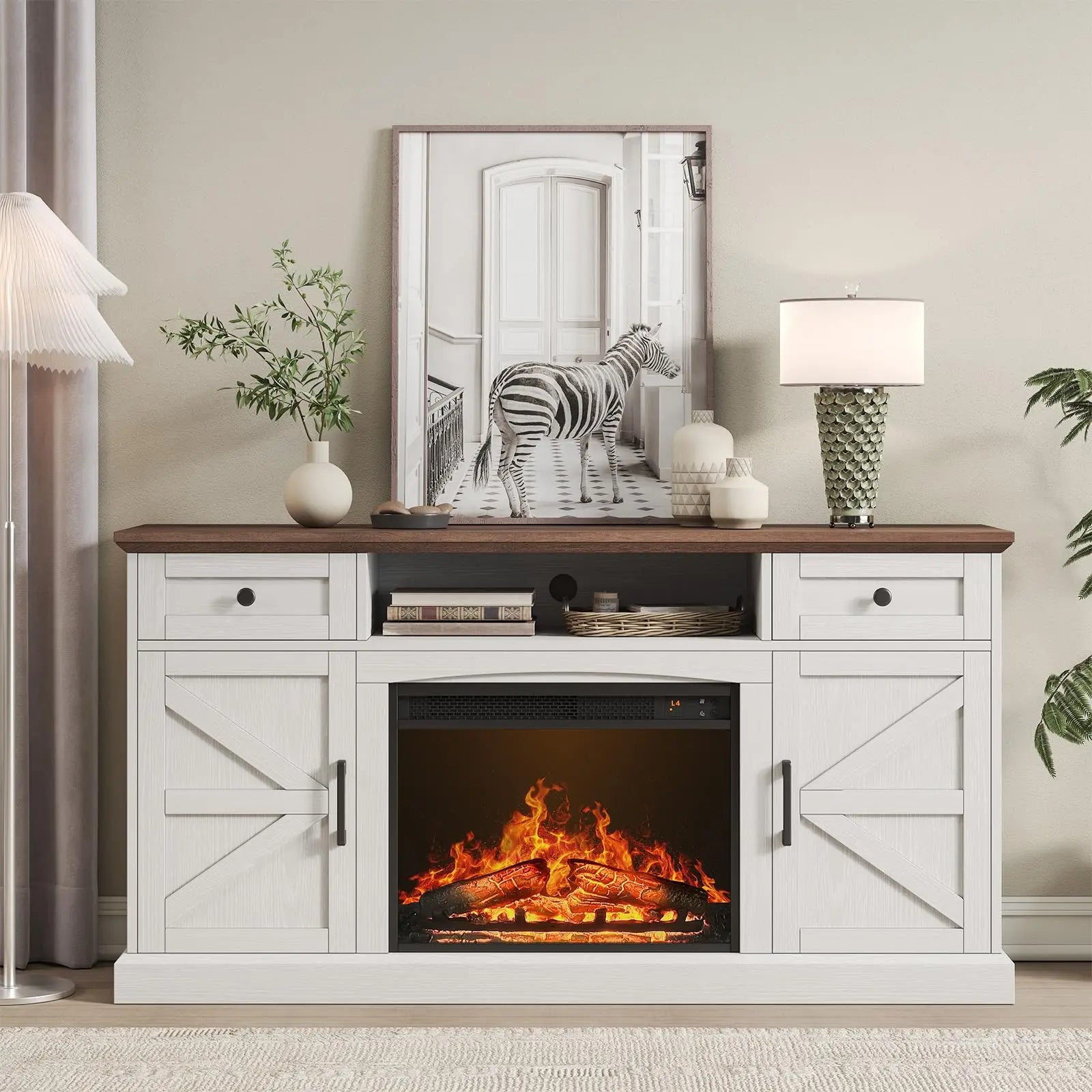 Farmhouse TV Stand with 23-Inch Electric Fireplace, Entertainment Center for Tvs up to 70 Inches, Media Console Table with Drawers and Storage, Antique White