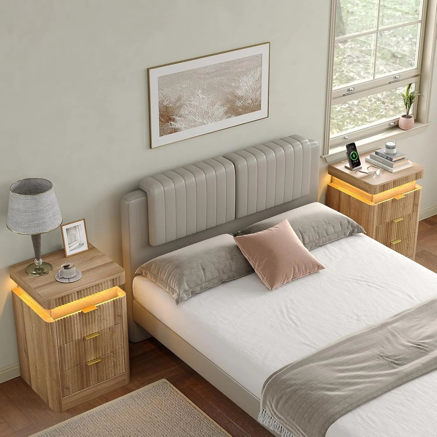 Fluted Night Stand with Charging Station Set of 2, 3-Drawer LED Bedside Tables for Bedroom, Modern Sofa Side Tables, Customized