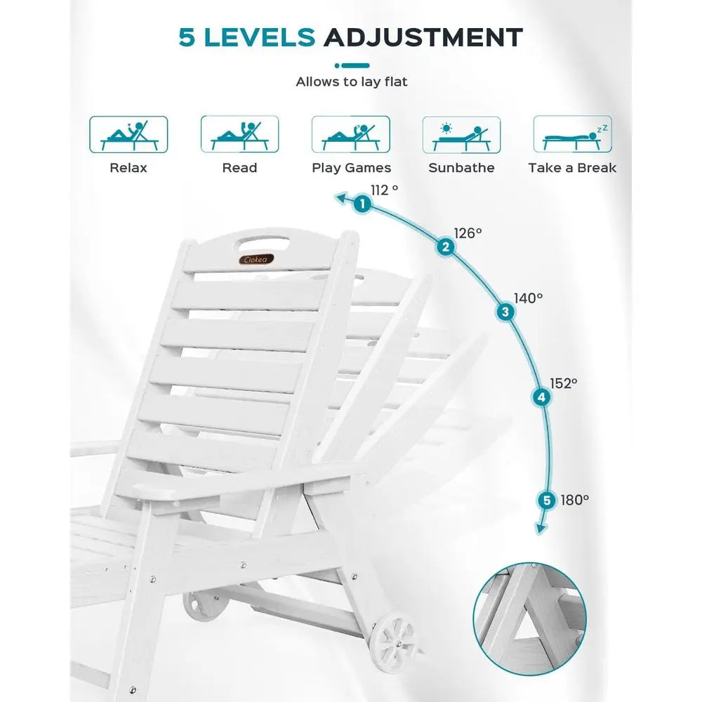 All-Weather Outdoor Lounge Set of 4 – HDPE Patio Chaise Chairs with Wheels, Cup Holder & 5-Position Adjustable Backrest – White