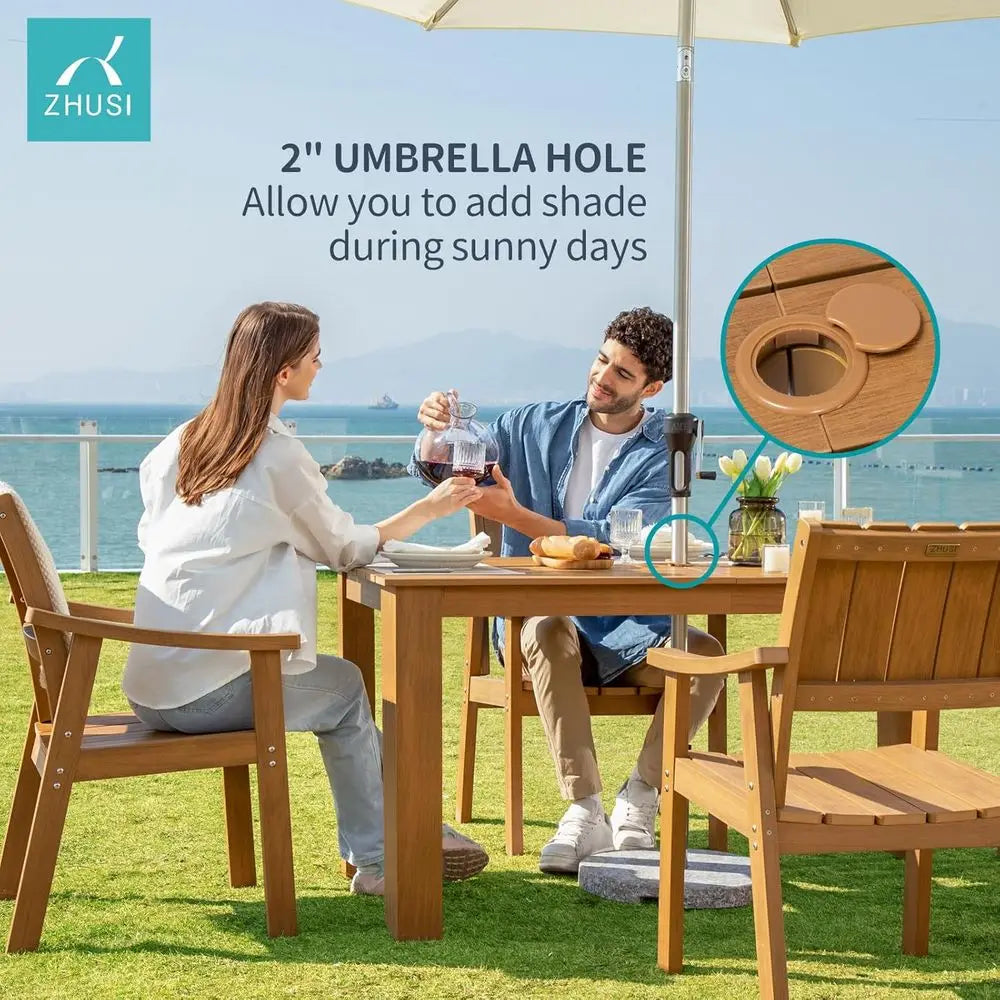 Outdoor Patio Dining Set with Umbrella Hole for Backyard, Garden & Poolside – 7 Piece Teak Finish