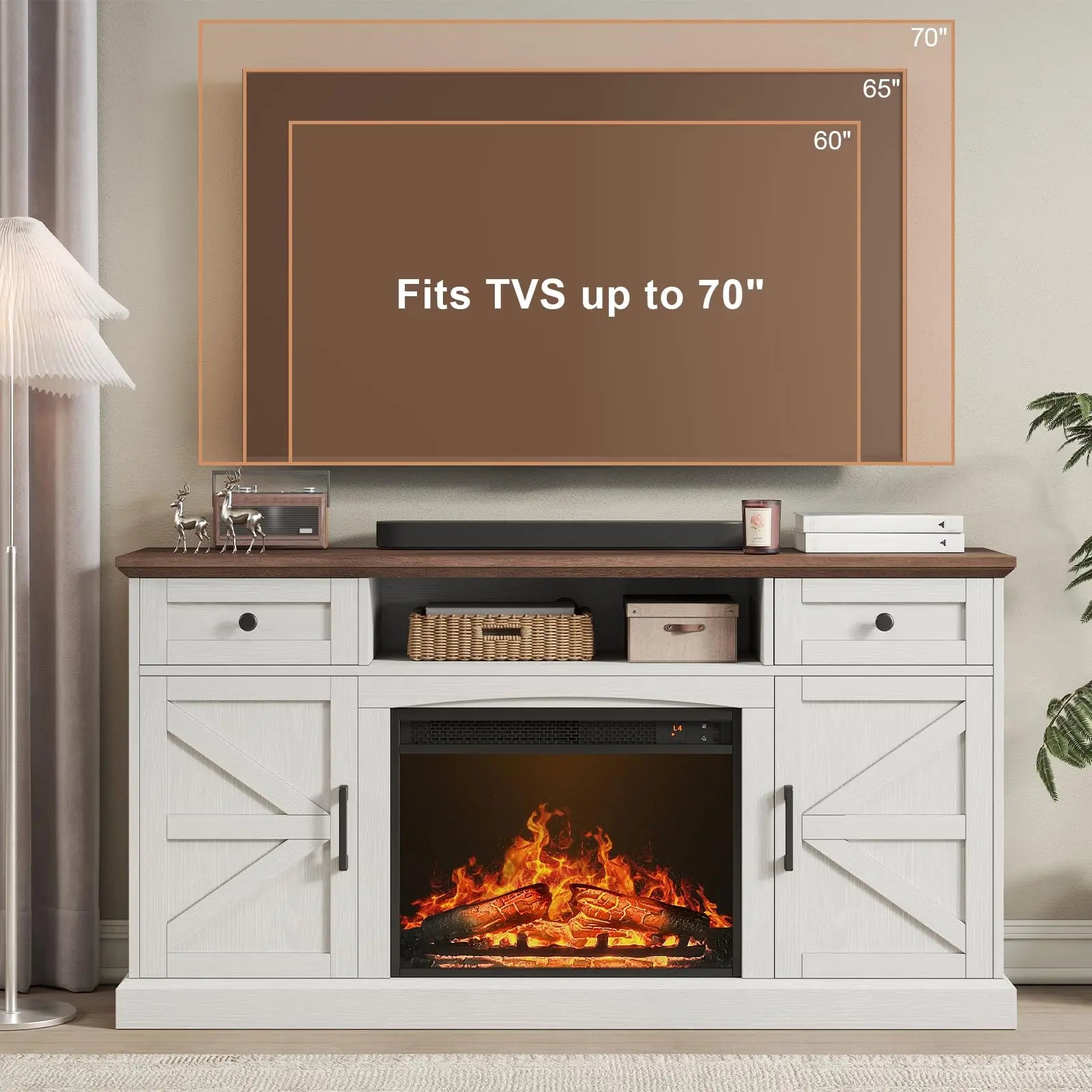 Farmhouse TV Stand with 23-Inch Electric Fireplace, Entertainment Center for Tvs up to 70 Inches, Media Console Table with Drawers and Storage, Antique White