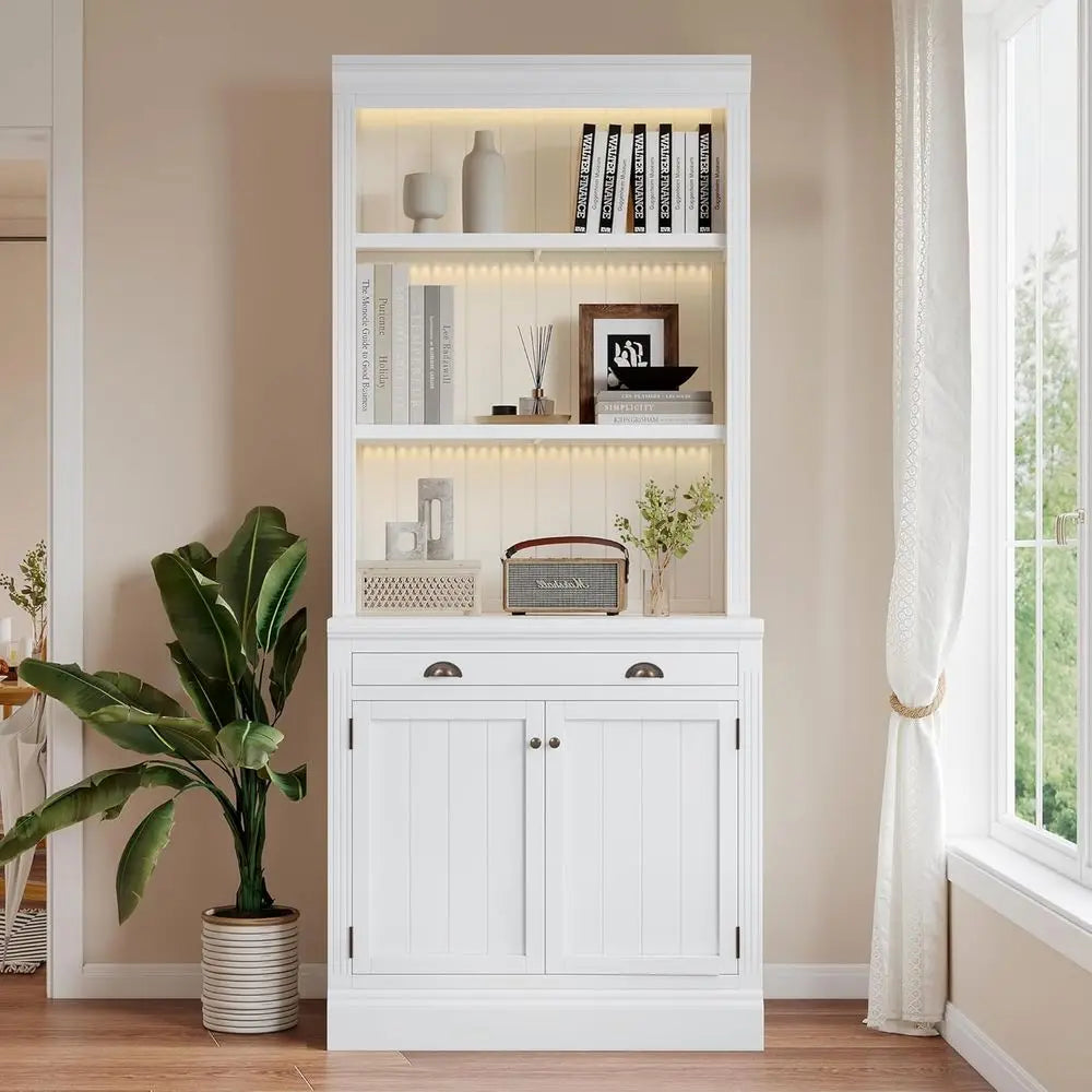 83.4 Tall White Solid Wood Bookcase with Cabinet, Drawers, Adjustable Shelves & LED Lighting for Home Office Living Room Storage