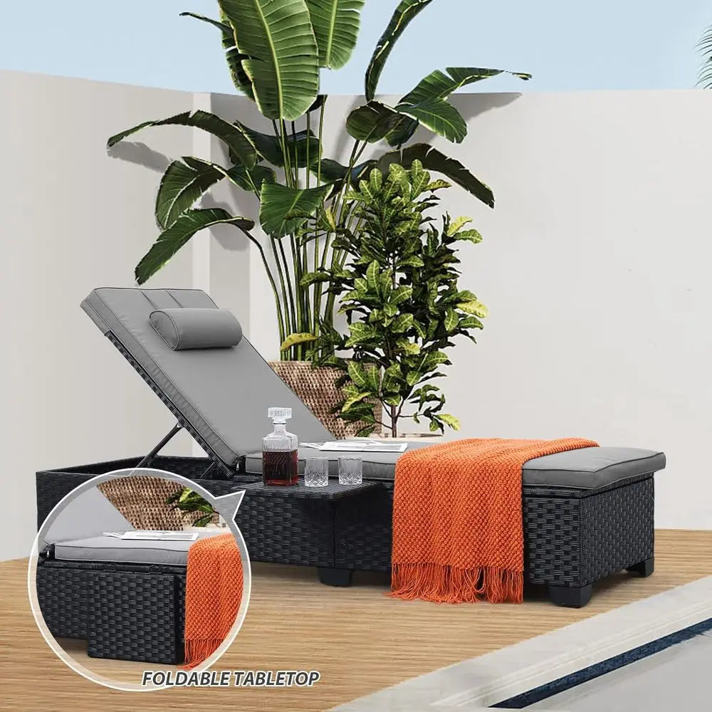 2-Piece Outdoor Patio Recliner Lounge Chair Set with Adjustable Backrests & Grey Cushions