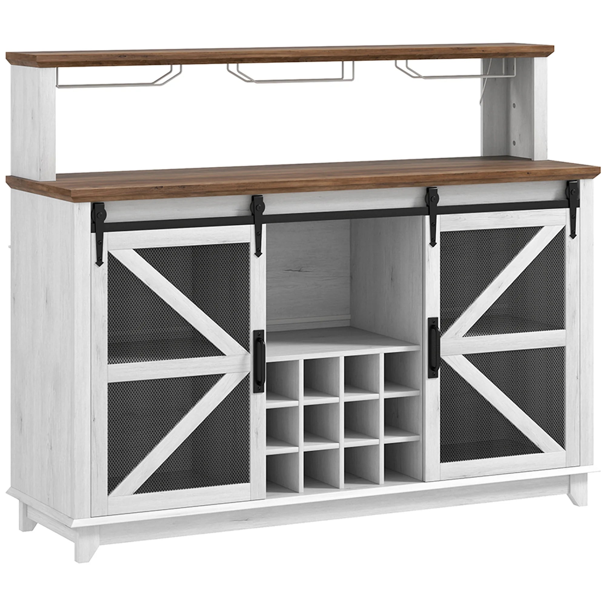 HOMCOM Farmhouse Coffee Bar Cabinet with Smart App Control LED Lights, 55" Wine Bar Cabinet with 12-Bottle Rack, Glass Holder, Kitchen Sideboard Buffet with Sliding Mesh Doors, Distressed White