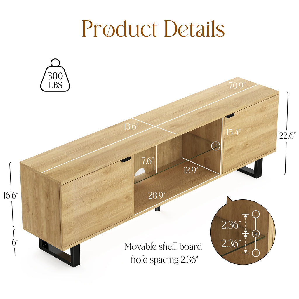 Modern TV Stand for up to 75" TV, Adjustable Glass Shelves, Wood Top & Metal Legs, Entertainment Center for Living Room