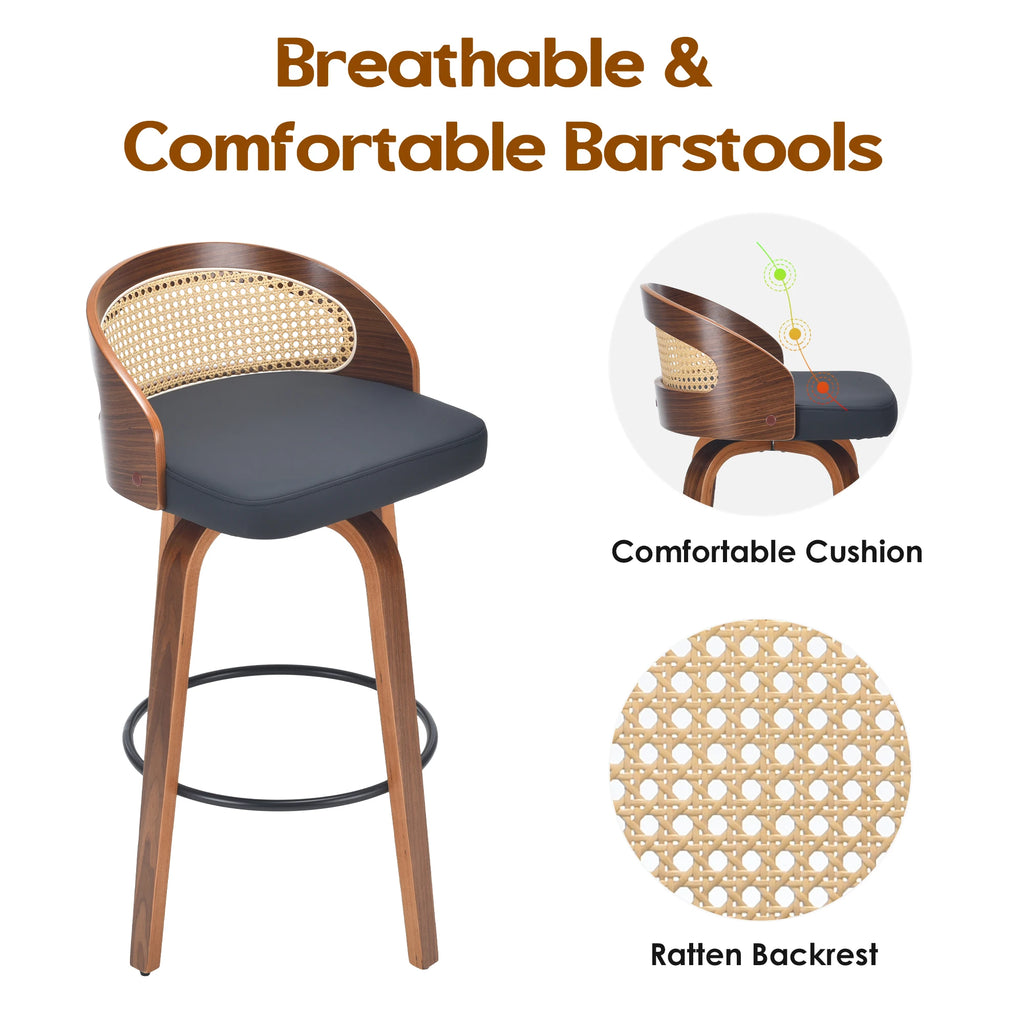Set of 2 Swivel Bar Stools, Modern Wood Frame with Rattan Back, PU Leather Seat for Kitchen Counter, Bar Table