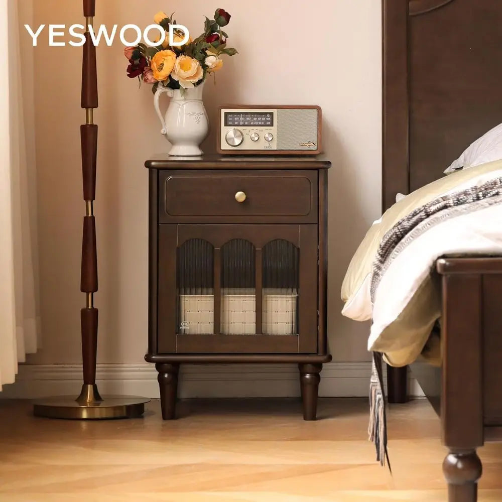 Solid Walnut Nightstand with Drawer & Glass Door – Vintage Bedroom Side Table