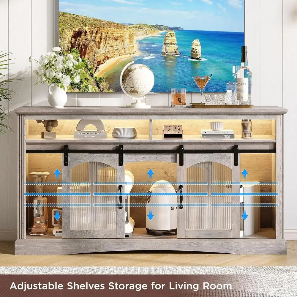 65 TV Stand with LED Lights, 33 High Entertainment Center with Glass Doors & Adjustable Shelves for Living Room/Home Theater