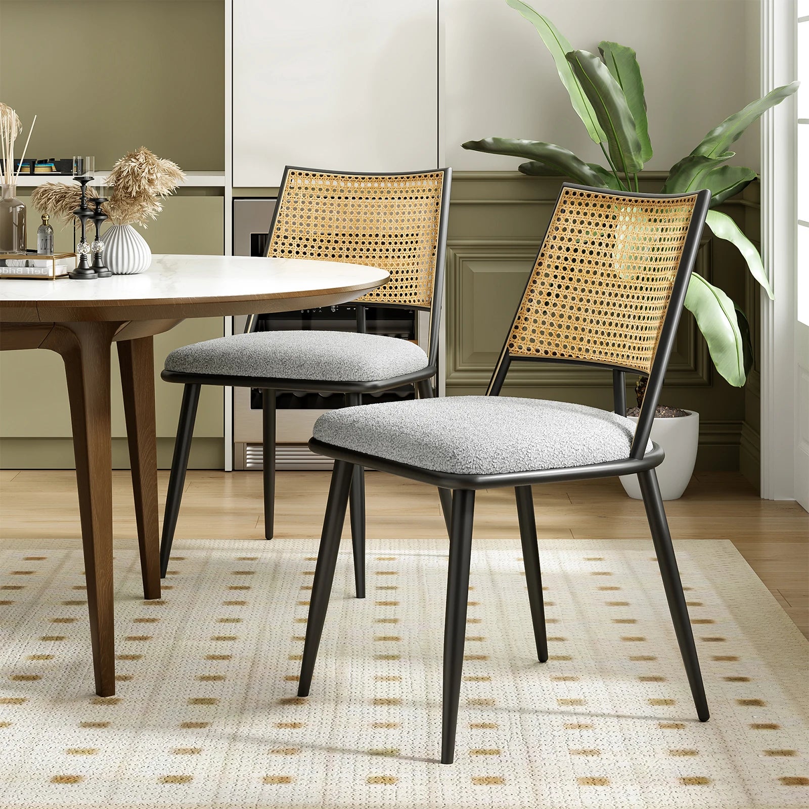 Set of 2 Modern Rattan Dining Chairs, Upholstered Seat & Black Steel Frame, Ideal for Kitchen, Dining Room