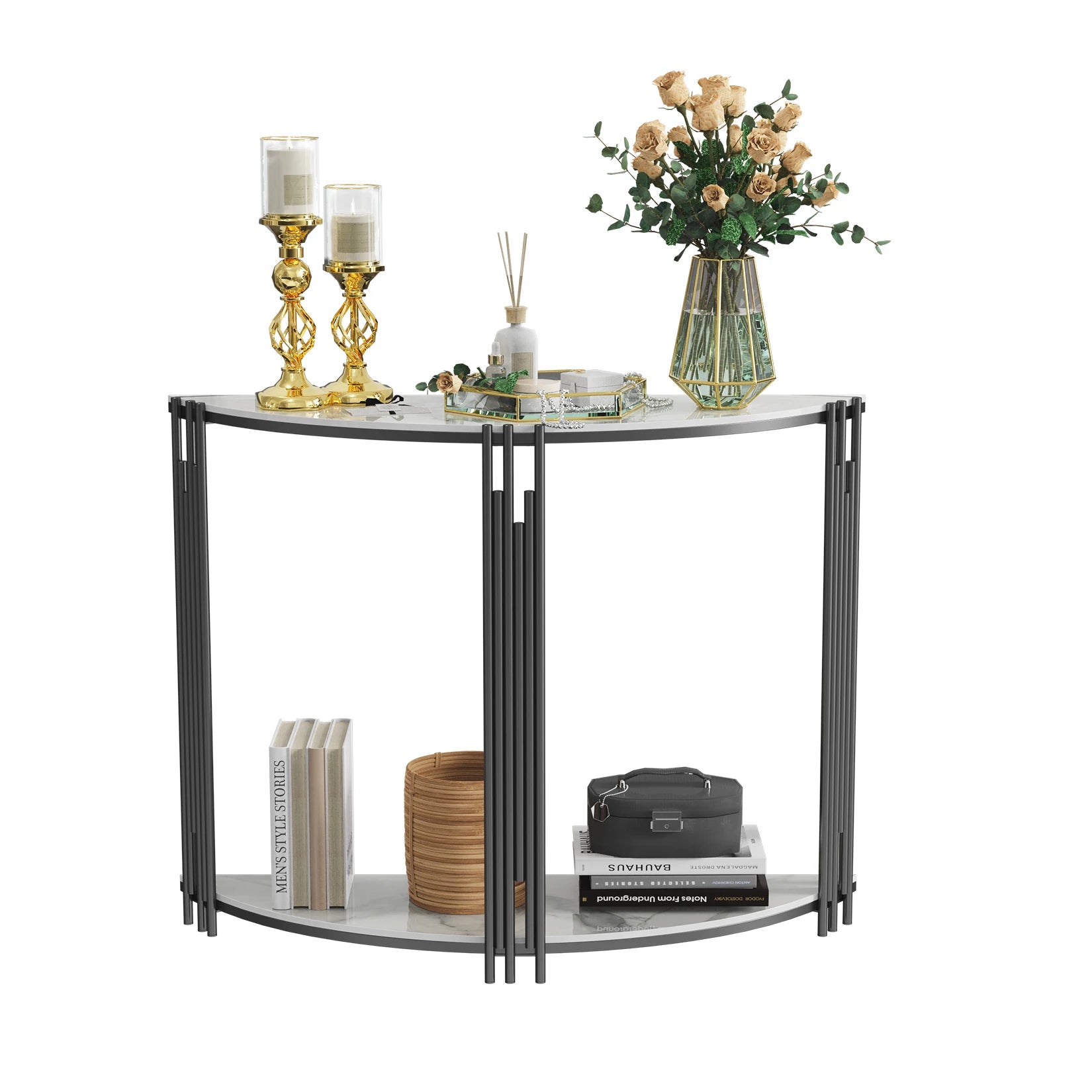 Half Moon Tiered Real Marble Entry Console Table Hallway Entryway Furniture for Entrance, Home Living Room