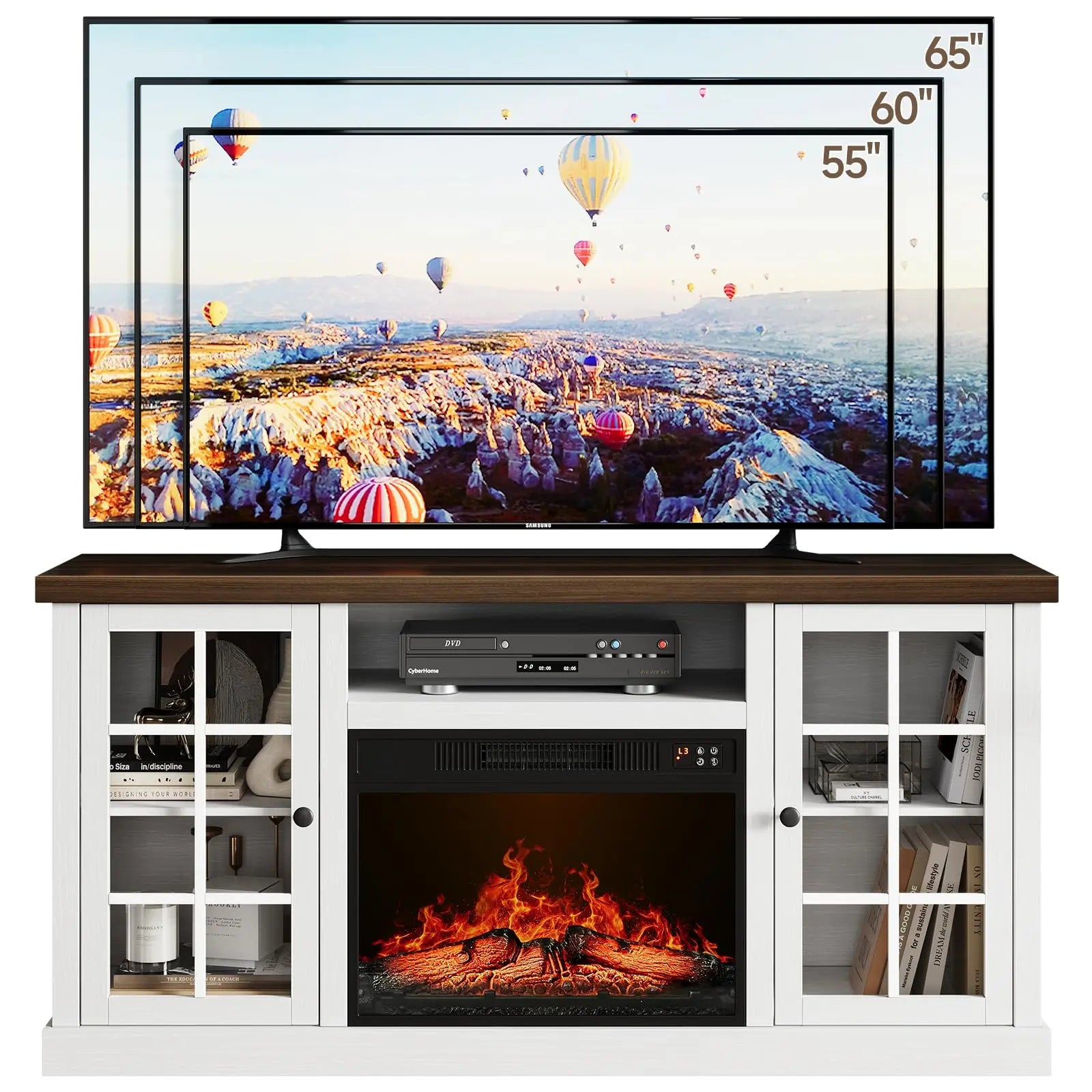 Farmhouse 59-Inch TV Stand with 23-Inch Electric Fireplace, Entertainment Center TV Table for Tvs up to 65 Inches, Media Console with Storage and Glass Doors for Living Room, White