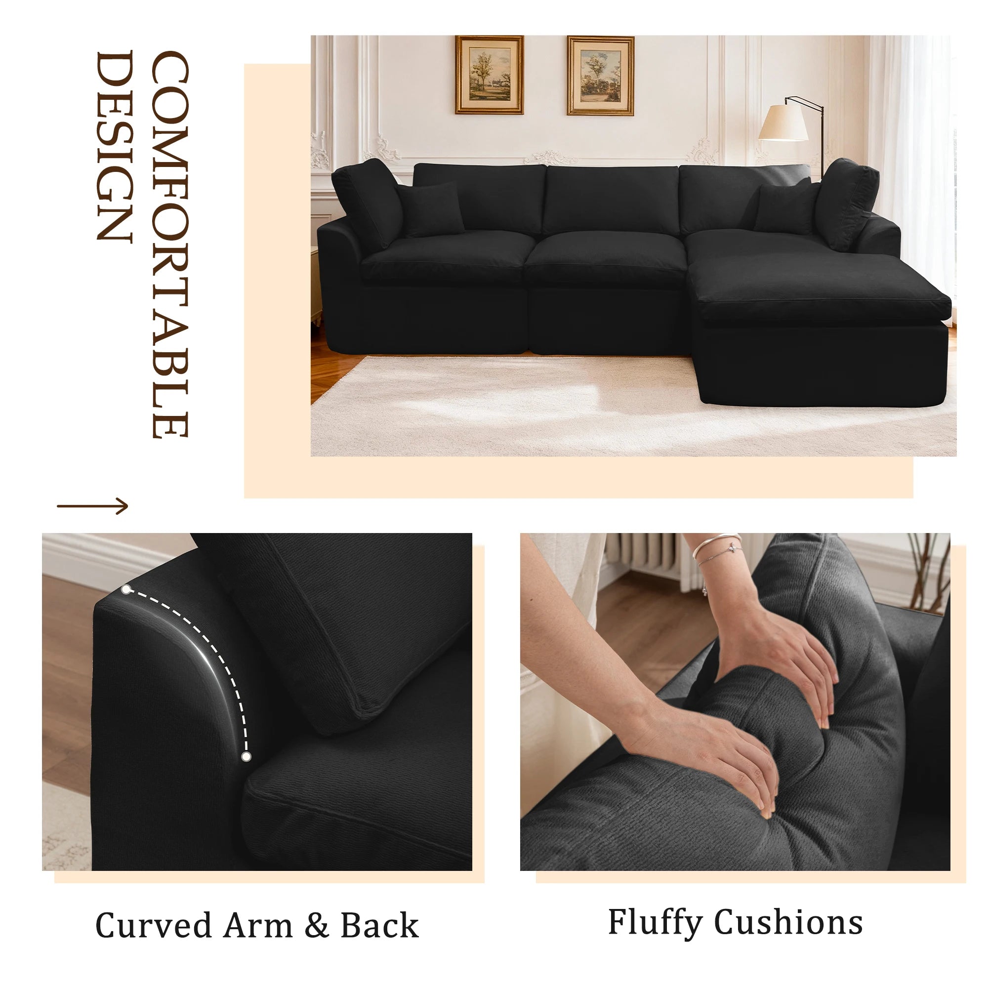 112 Inch Modular L-Shape Cloud Couch, Boneless Chenille Sectional Sofa with Spacious Deep Seats & Ottoman, Ready-To-Use Living Room Furniture