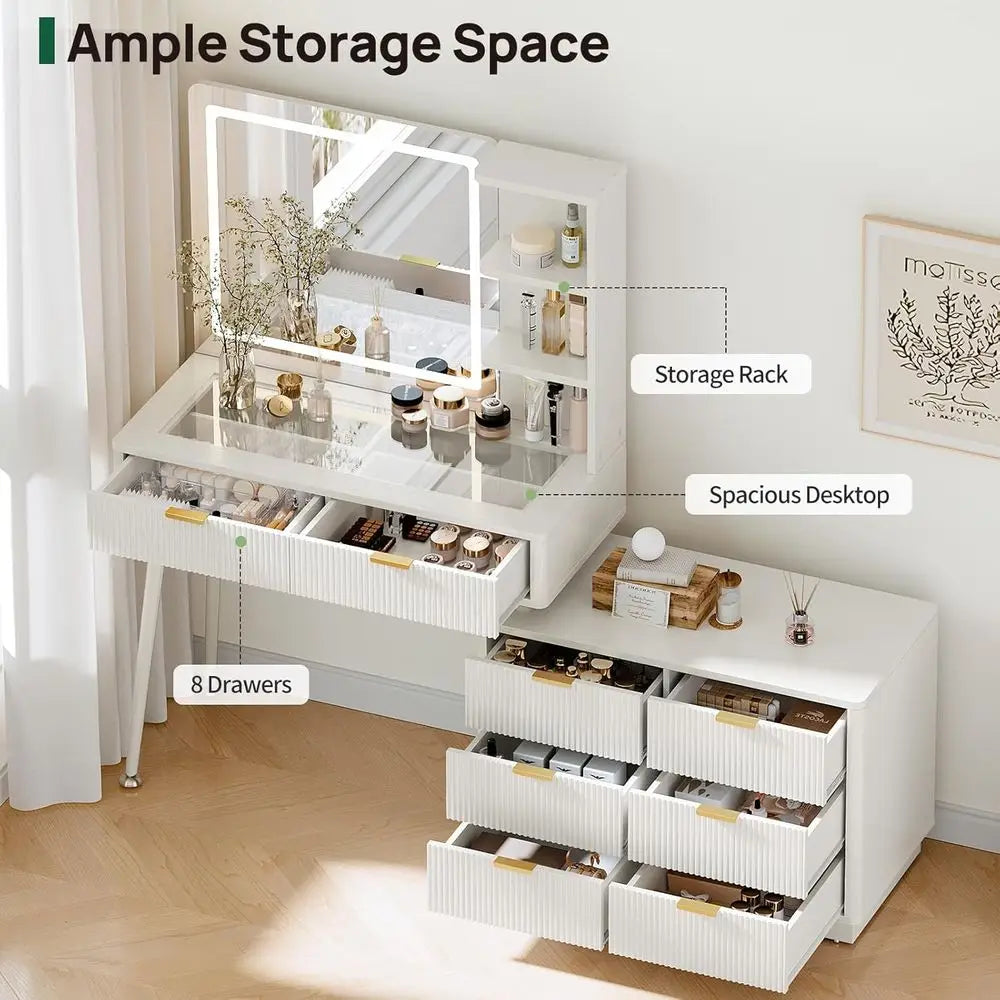 65-Inch White LED Makeup Vanity with Mirror – Glass Top, 8 Drawers & Storage Shelves for Bedroom