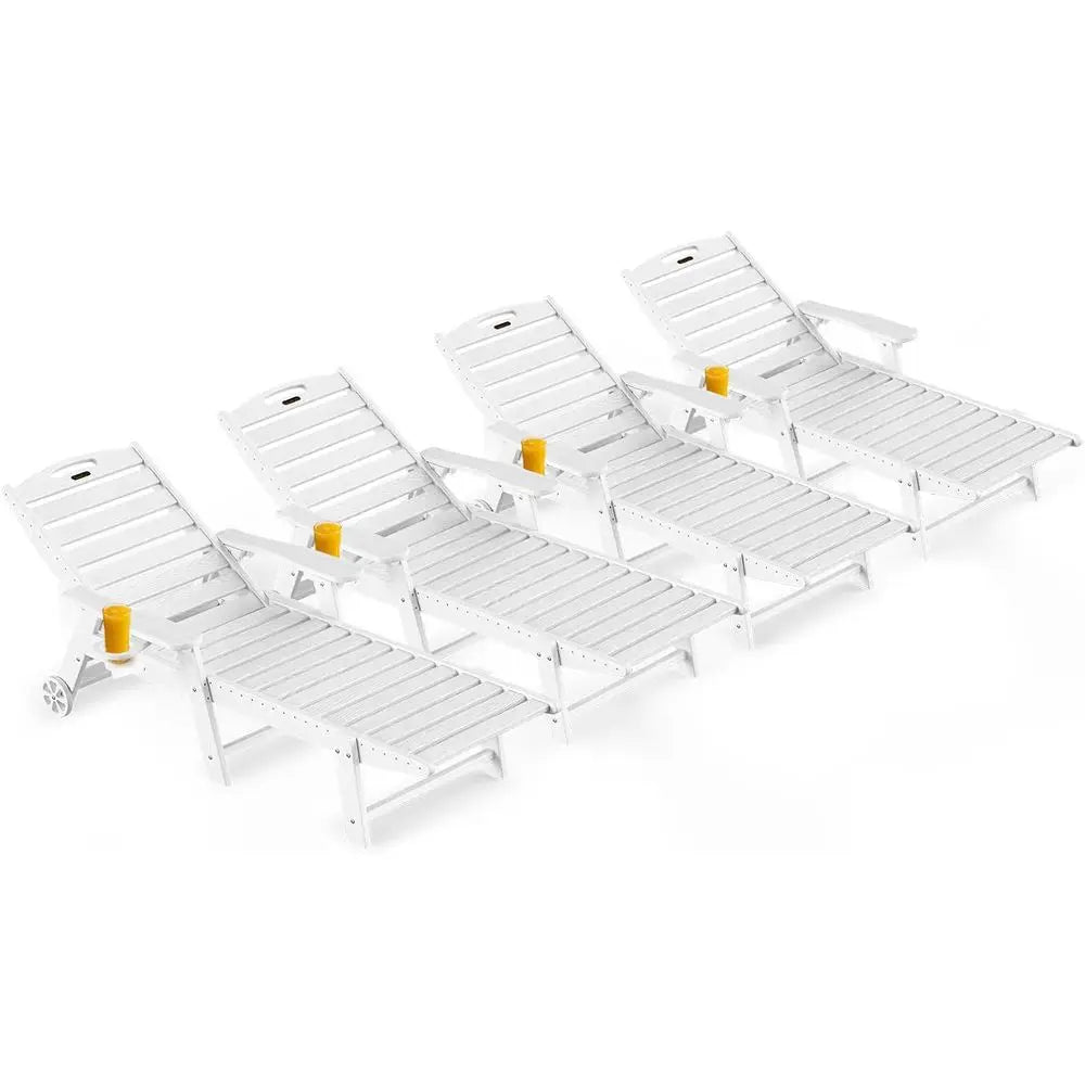 All-Weather Outdoor Lounge Set of 4 – HDPE Patio Chaise Chairs with Wheels, Cup Holder & 5-Position Adjustable Backrest – White