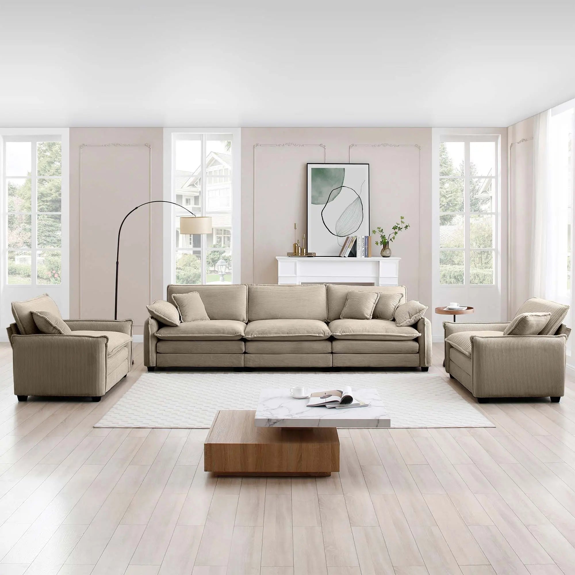 Home Theater Style 3-Seater Sofa Set with Soft Cushions & Pillows – Warm Cozy Design