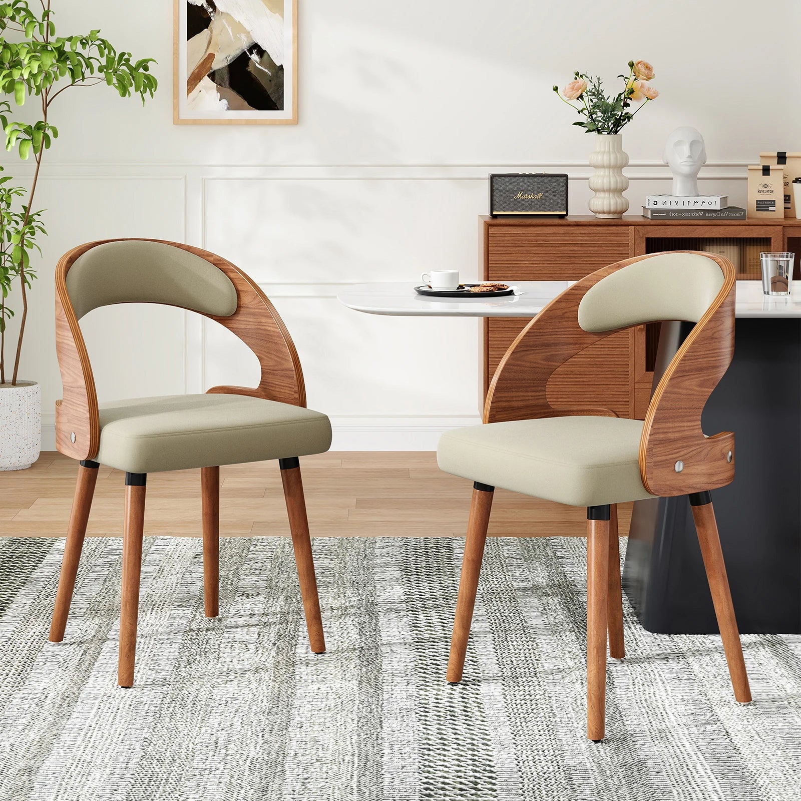 Wood Dining Chairs, Set of 2 Modern Upholstered Dining Chairs with Curved Backrest for Kitchen, Dining Room, Living Room