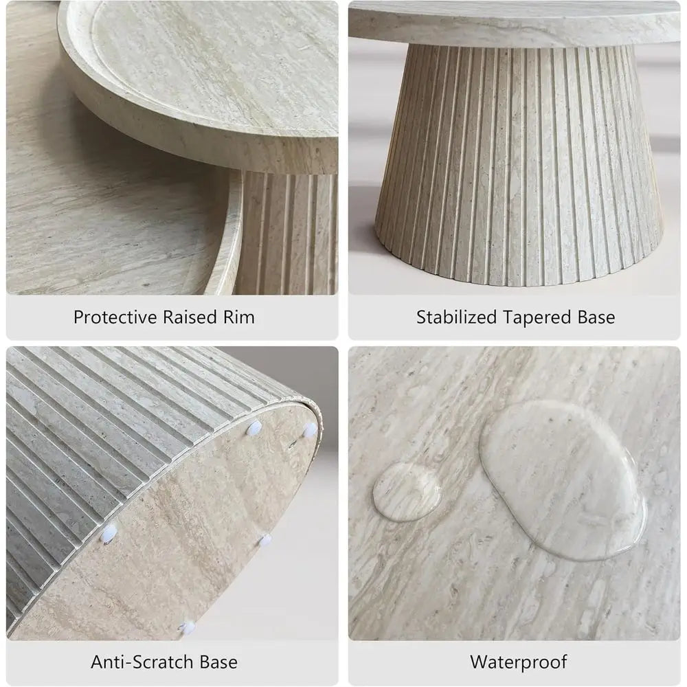 2-Piece Round Coffee Table Set with Marble Veneer – Nesting Travertine Tables for Living Room & Office