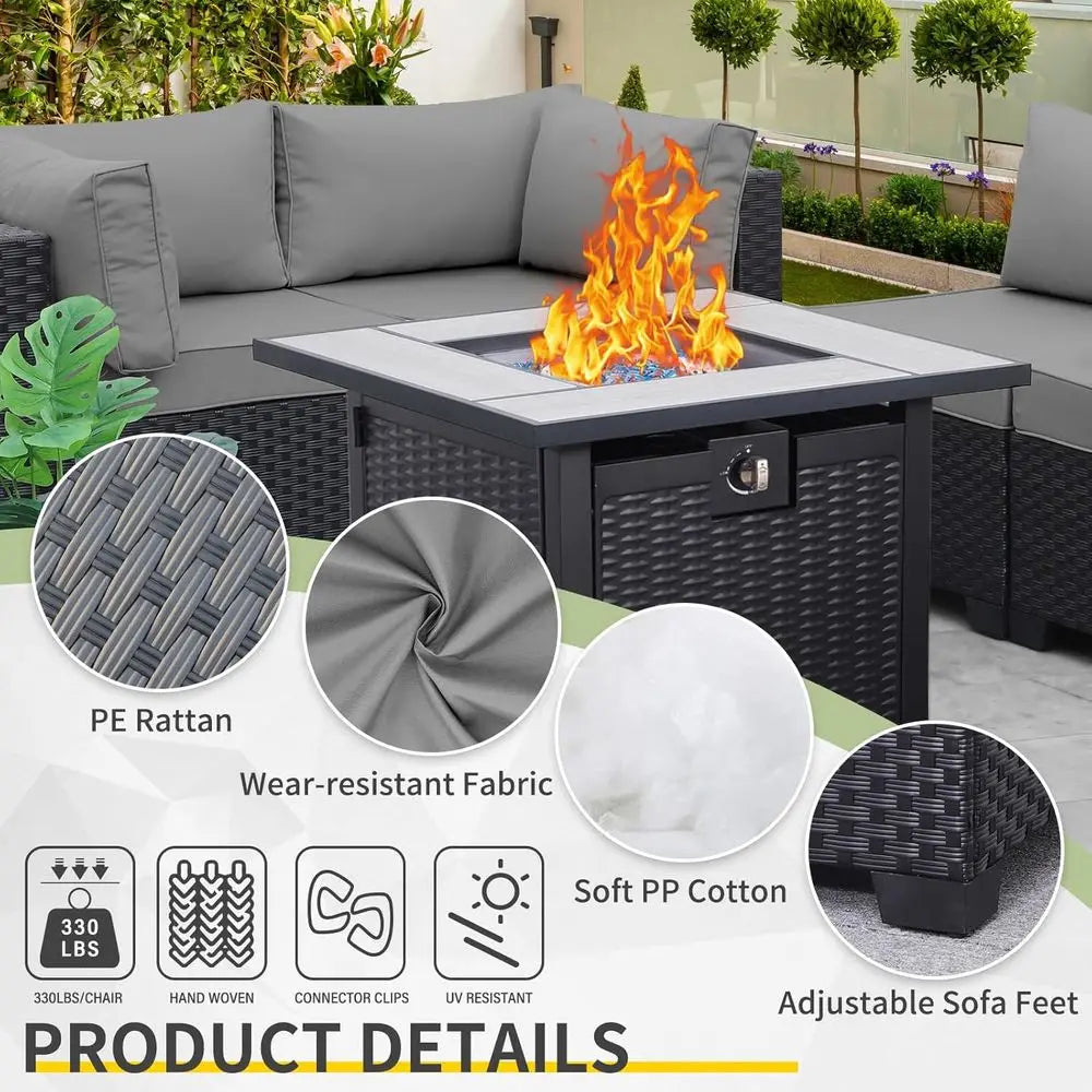 5-Piece Outdoor Patio Furniture Set with Grey Cushions, Black Rattan Wicker Sectional Sofa, Resin Couch, and Propane Fire Pit Ta