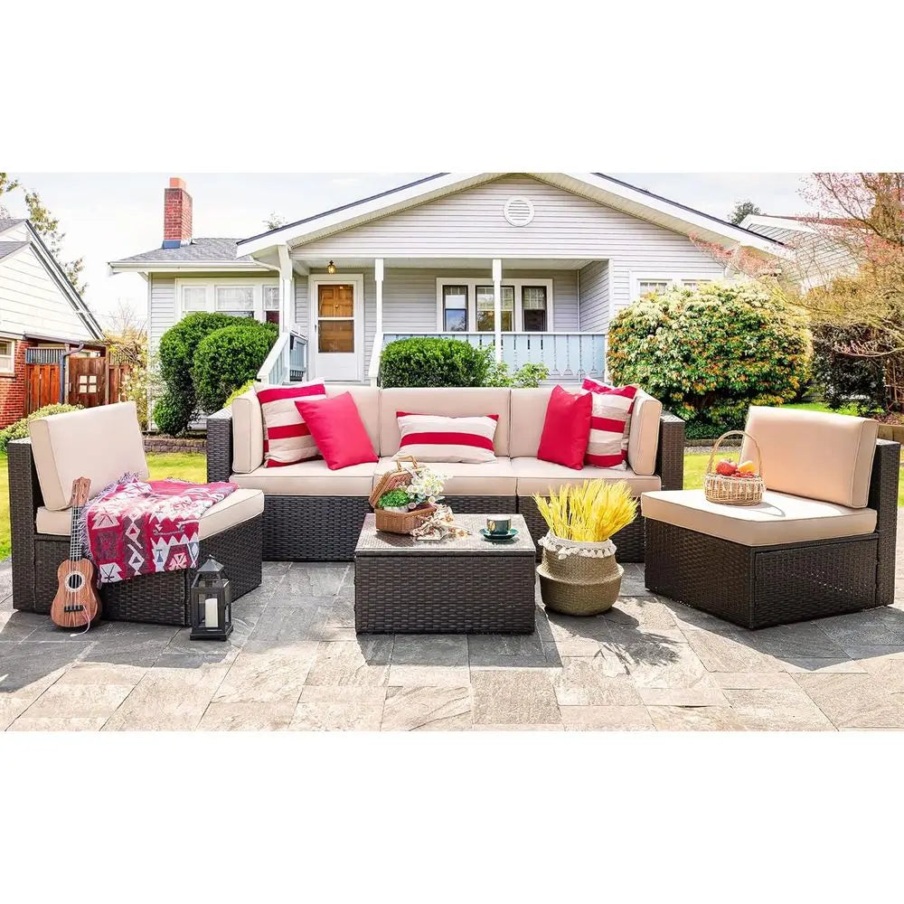 6-Piece Outdoor Sectional Sofa Set, Beige PE Wicker Rattan Patio Furniture with Coffee Table for Garden, Backyard, Poolside
