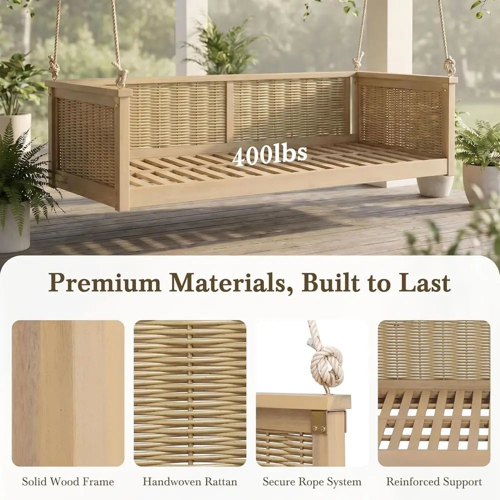 Durable 350Lb Capacity Rattan Swing Bed for Outdoor Use - Ideal for Porch, Backyard, Poolside, and Garden in Light Teak Finish