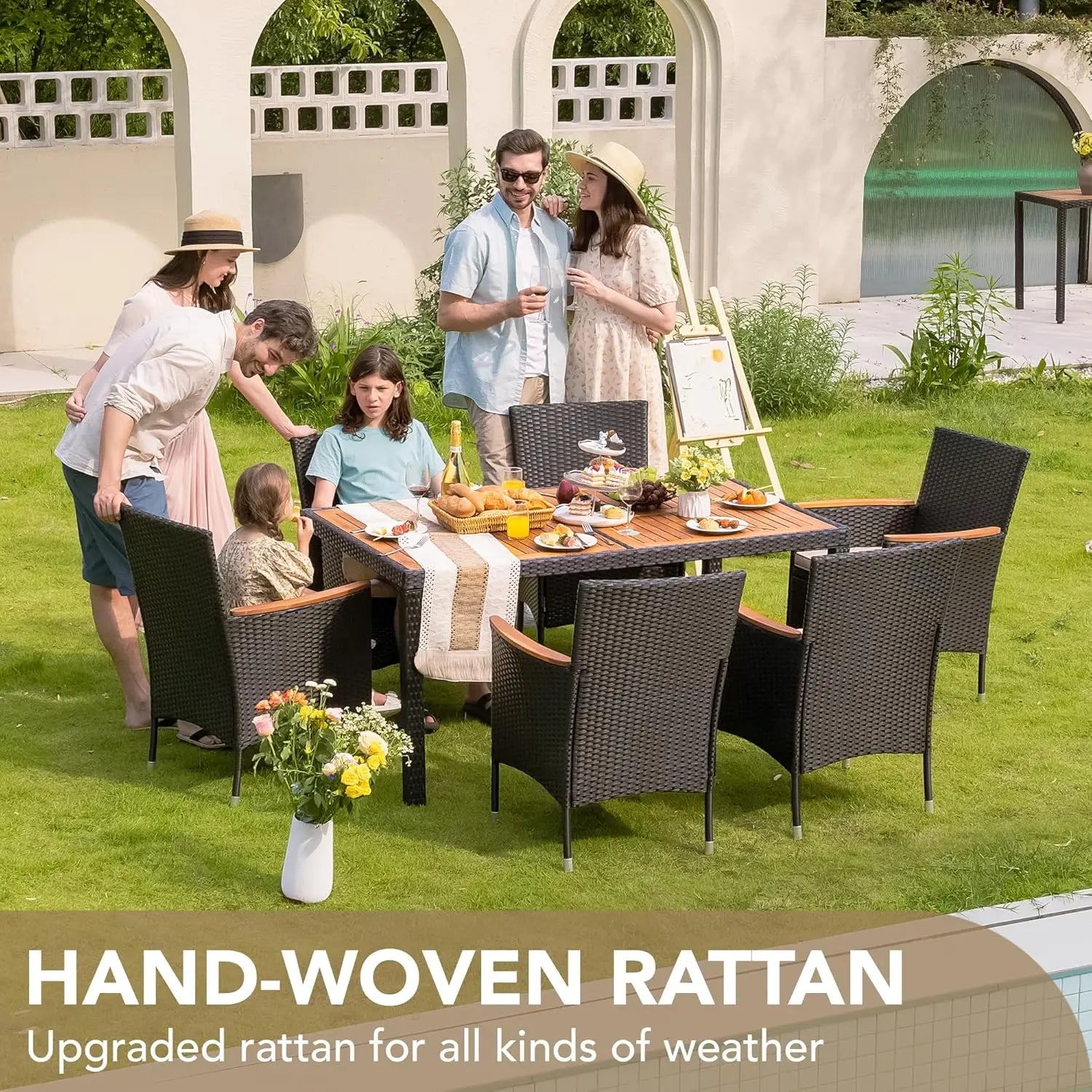 Dining 7 PCS Furniture, Patio Conversation Set with Acacia Wood Table Top, Outdoor, Beige Cushion and Black Rattan, Customized