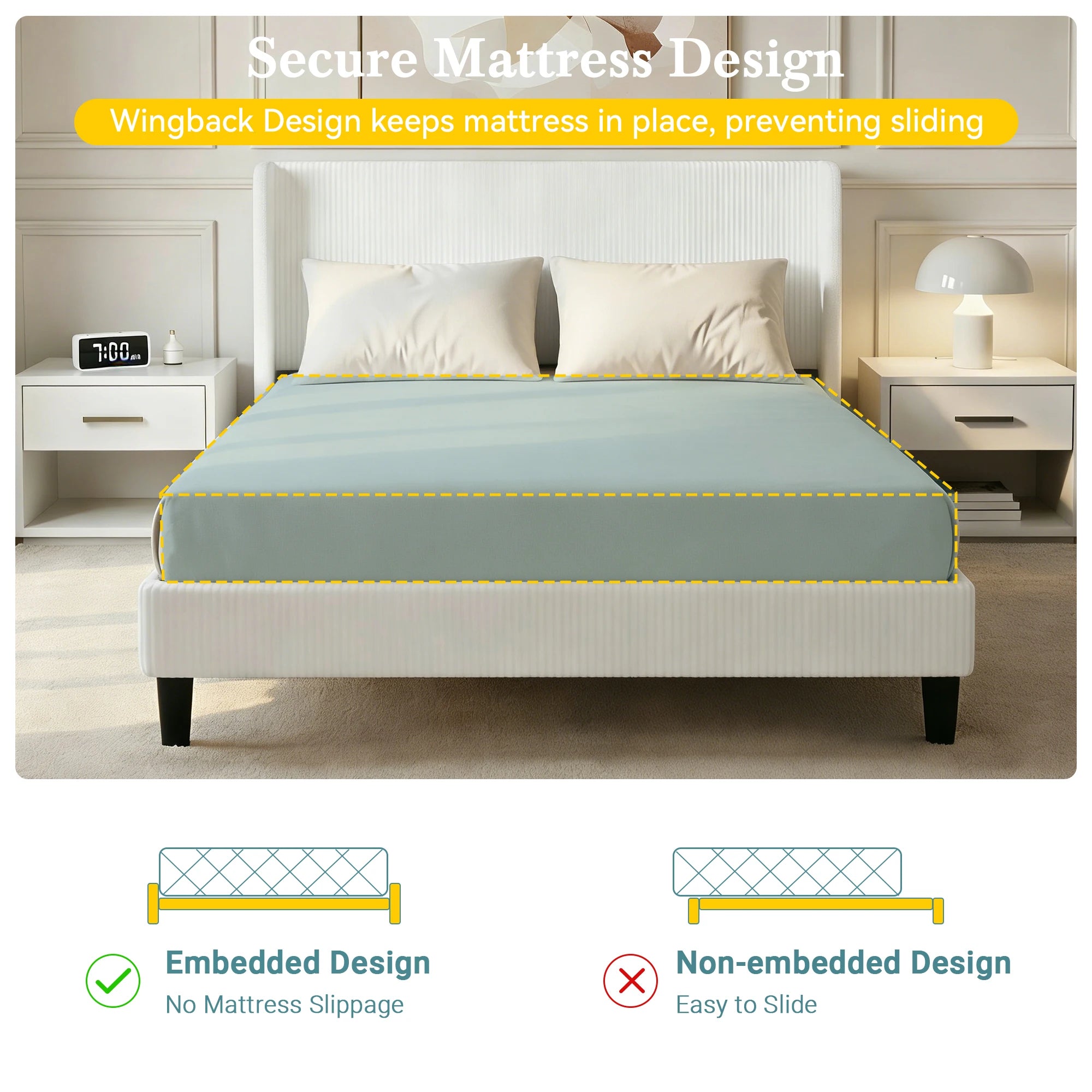 Corduroy Upholstered Platform Bed Frame, Wingback Channel Tufted Headboard, 8" Underbed Storage, No Box Spring Needed