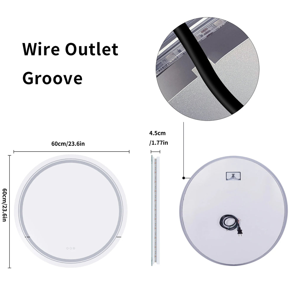 600Mm LED round Wall Mounted Vanity Mirror with Demister Pad Smart Touch Sensor Memory Function Backlit Front Lighted 3 Colors