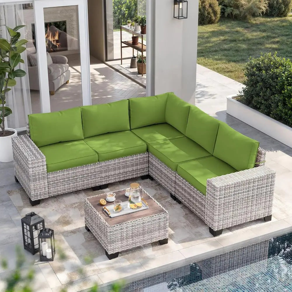 6-Piece Outdoor Patio Wicker Sectional Sofa Set with Cushions for Garden, Backyard, Poolside in Avocado Green