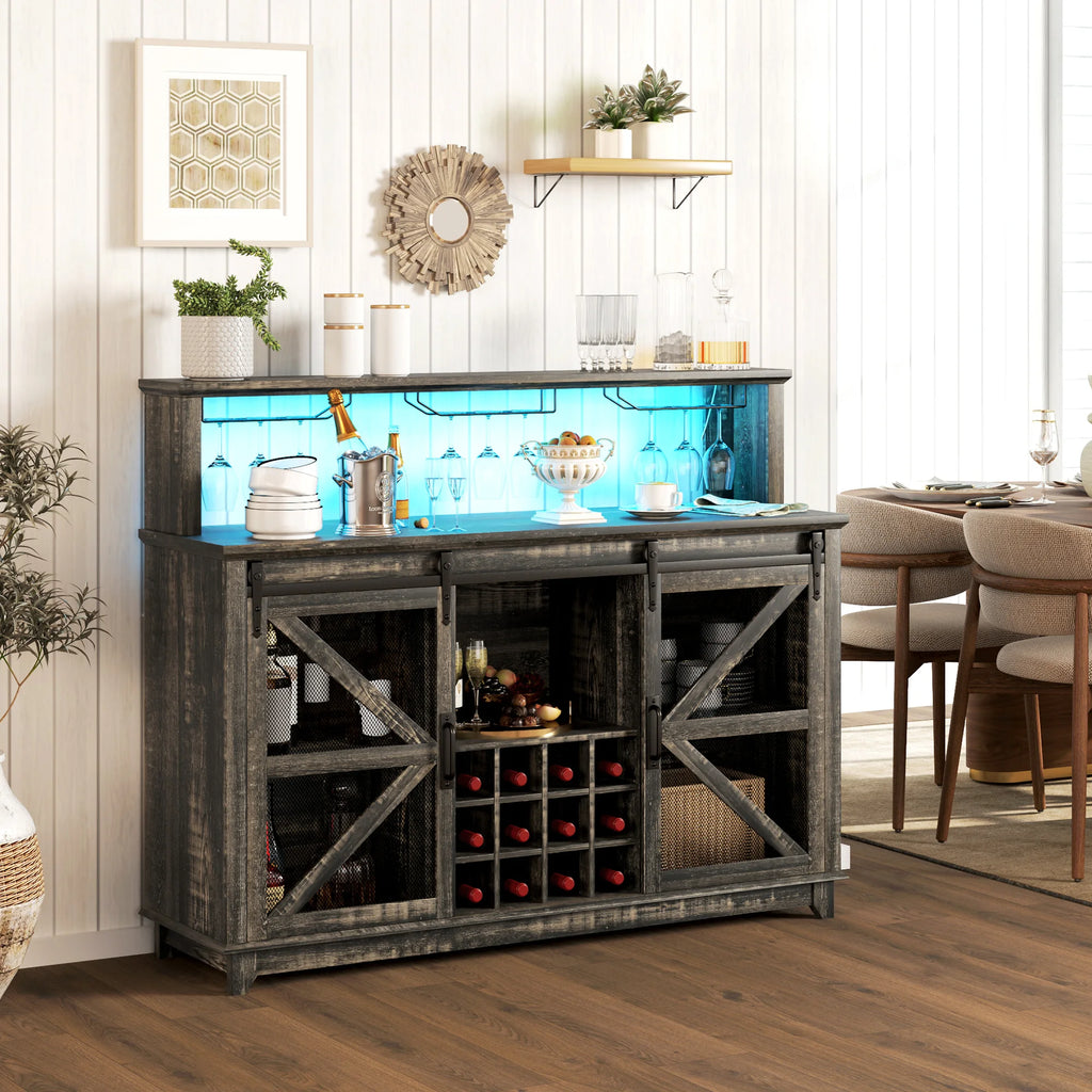 HOMCOM Farmhouse Coffee Bar Cabinet with Smart App Control LED Lights, 55" Wine Bar Cabinet with 12-Bottle Rack, Glass Holder, Kitchen Sideboard Buffet with Sliding Mesh Doors, Distressed Dark Brown