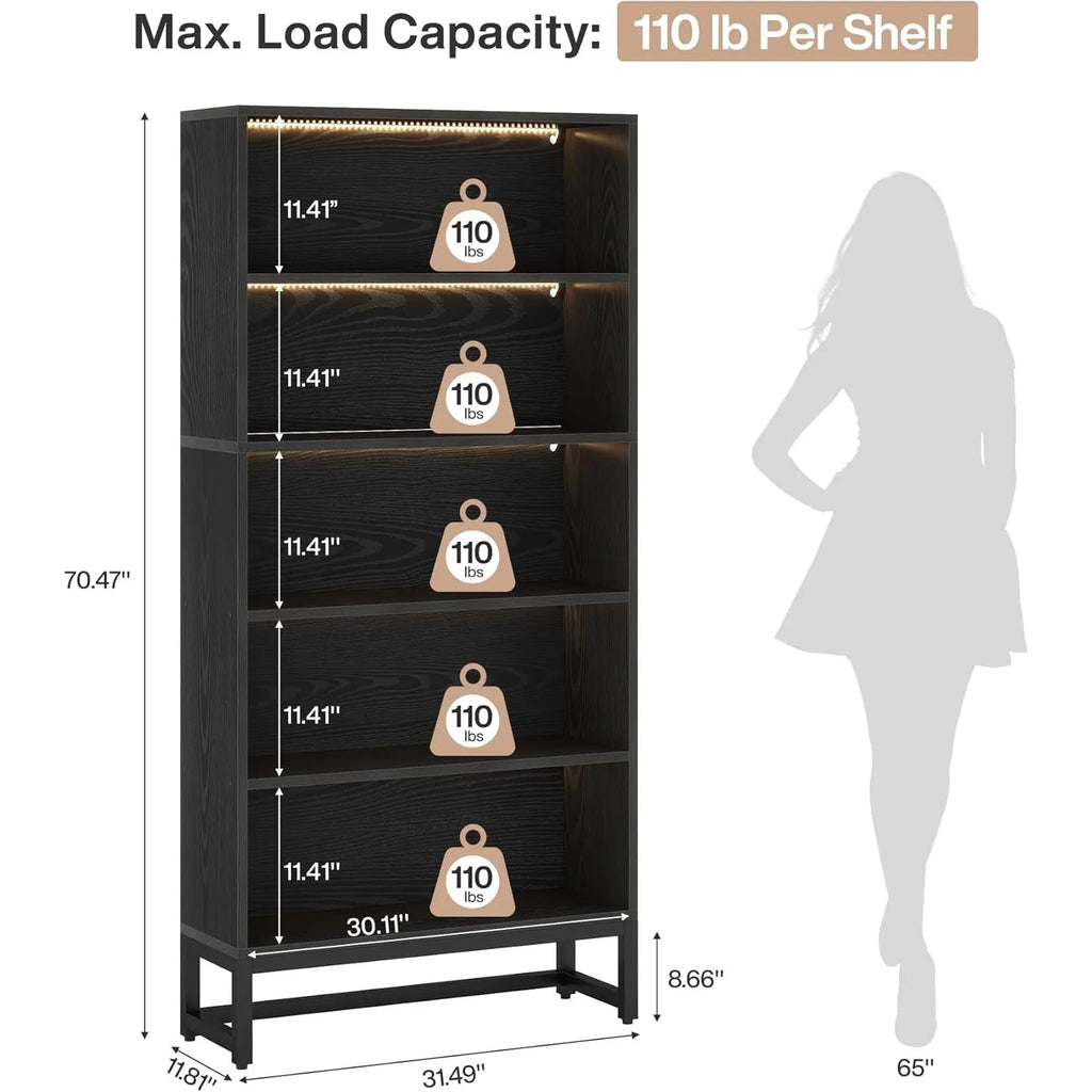 Tall Black Bookcase, 70.8 Inch Large LED Light Bookcase, 5 Tier Free Standing Storage Bookshelf for Living Room
