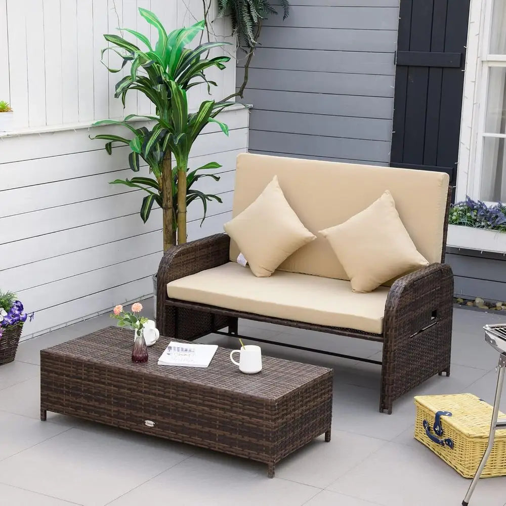 Beige Rattan Daybed with Cushions, Outdoor Wicker Lounge Bed Set, Ottoman, Coffee and Side Tables for Patio, Poolside