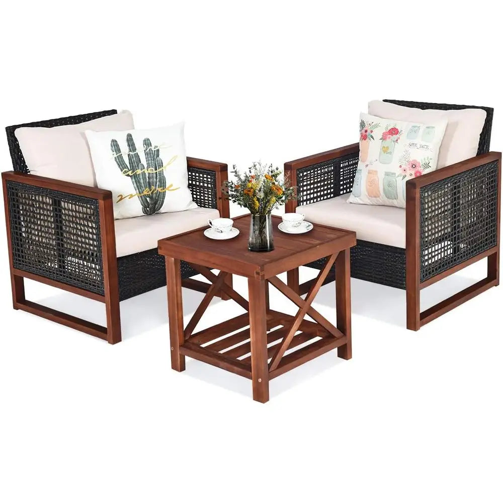 3-Piece Outdoor Wicker Sofa Set with Washable Cushions and Acacia Wood Coffee Table, Suitable for Bistro, Garden, or Balcony (Be