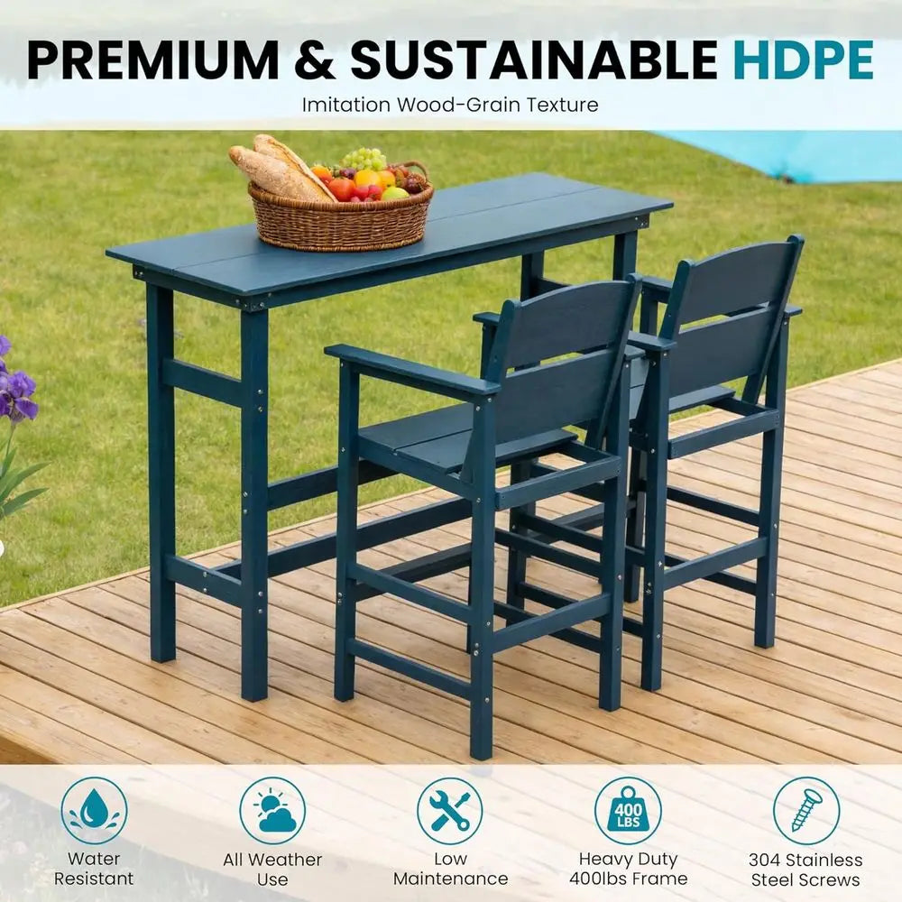 3-Piece Outdoor Patio Bar Set with 2 Chairs, HDPE Weather-Resistant Furniture, Ideal for Balcony, Deck, or Garden, Deep Blue