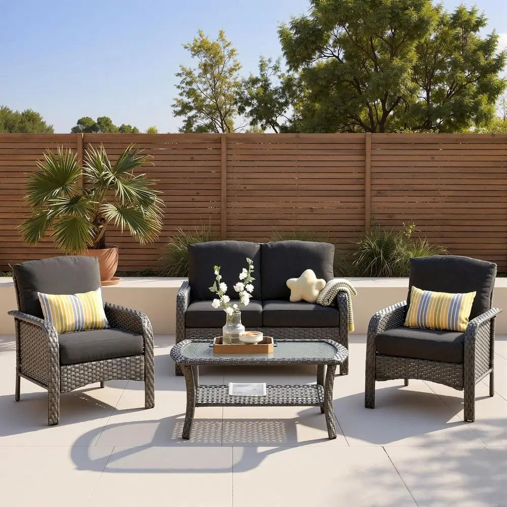 All-Weather High Back Wicker Patio Furniture Set with Coffee Table for Balcony, Porch, or Garden – Black