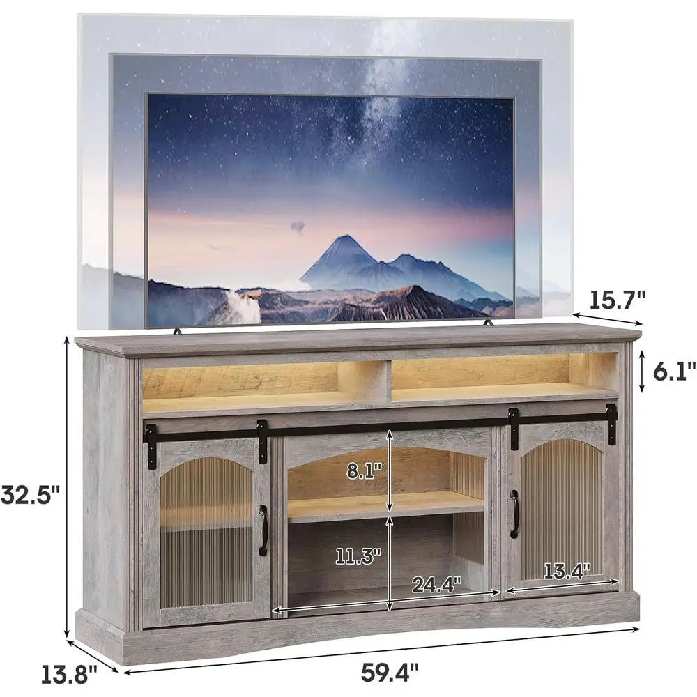 65 TV Stand with LED Lights, 33 High Entertainment Center with Glass Doors & Adjustable Shelves for Living Room/Home Theater