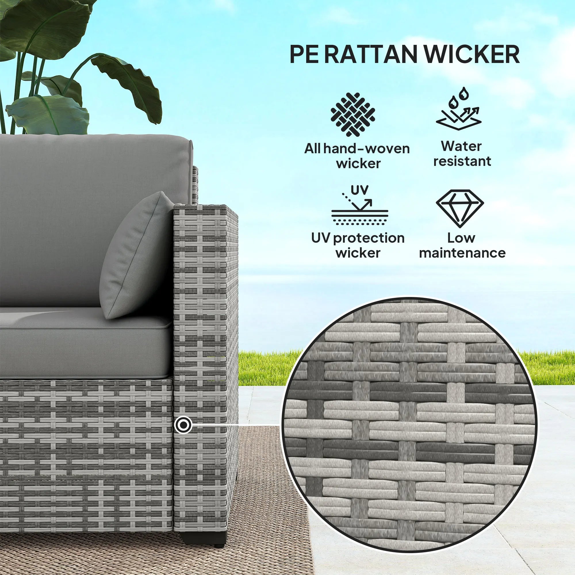 Wicker Patio Couch, Pe Rattan 3-Seat Sofa, Outdoor Furniture with Deep Seating, Cushions, Steel Frame, Gray