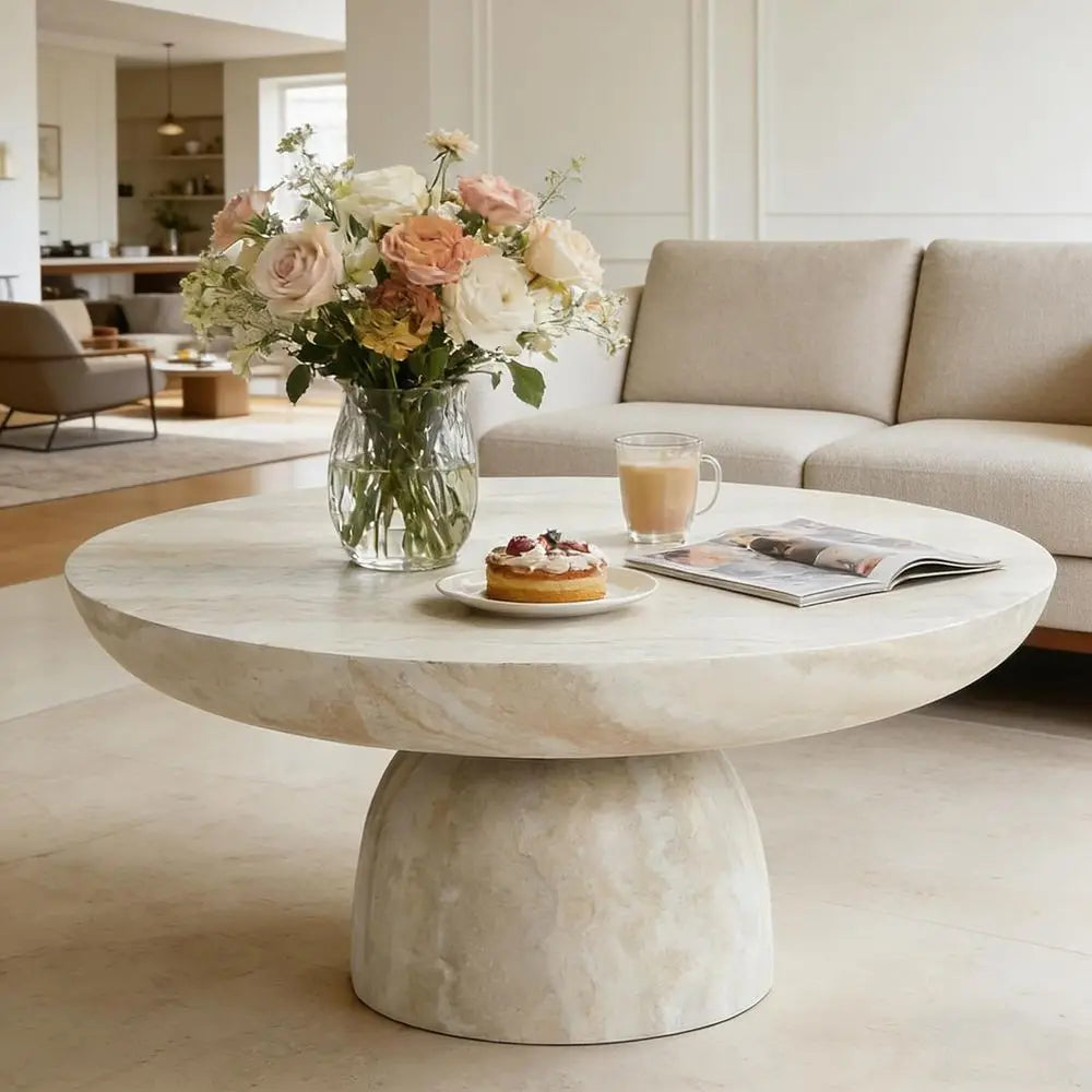 Round Marble Coffee Table with Cylindrical Leg – Fiberglass Drum Center Table for Living Room & Cocktail Area