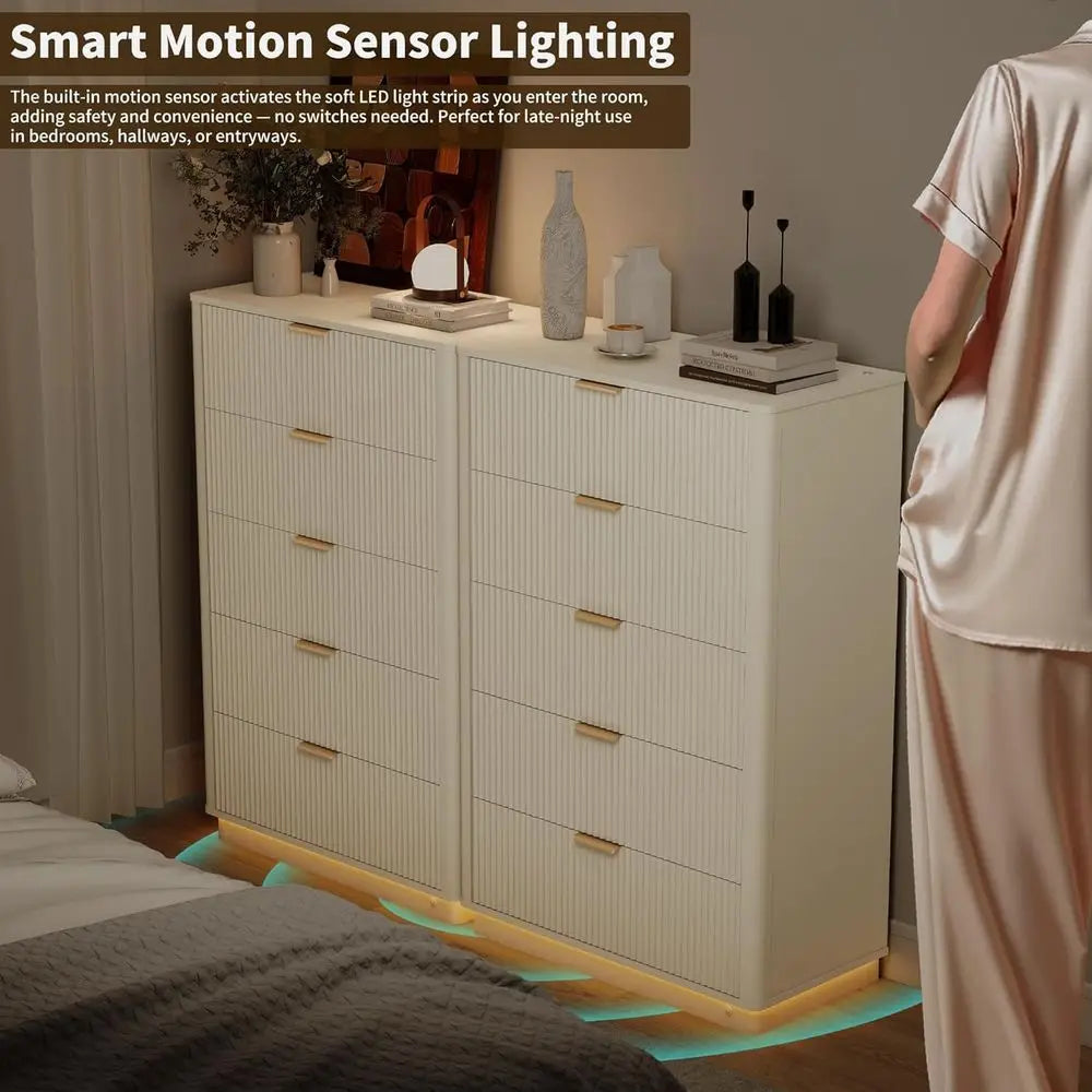 3-Piece Bedroom Set with Charging Station, 5-Drawer Dresser & Nightstand with Motion Sensor Lights – White
