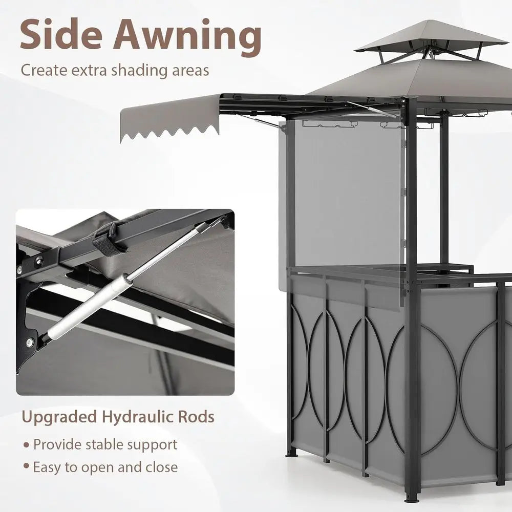 Gray 3-Piece Patio Bar Set with Grill Gazebo, Folding Bar Stools, Awning, Metal Shelves, and Drink Holders
