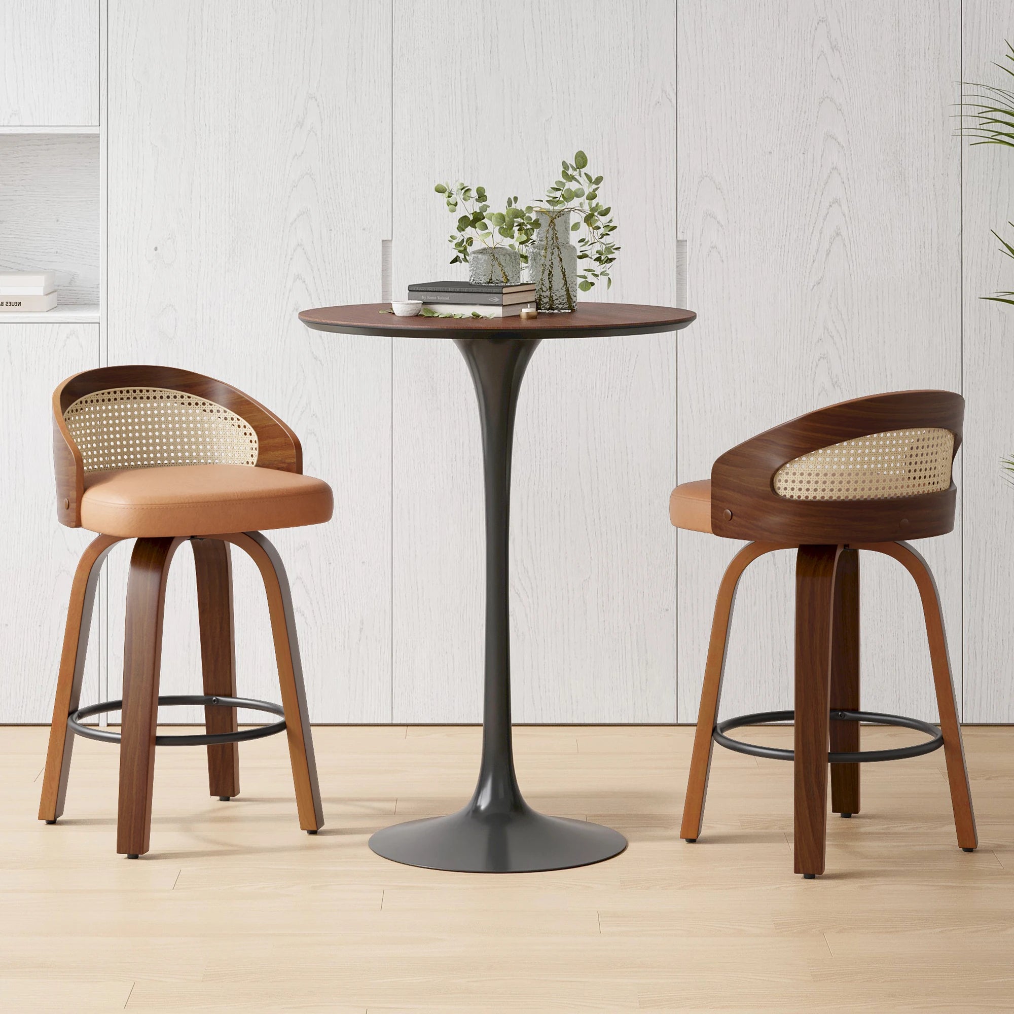 Set of 2 Swivel Bar Stools, Modern Wood Frame with Rattan Back, PU Leather Seat for Kitchen Counter, Bar Table